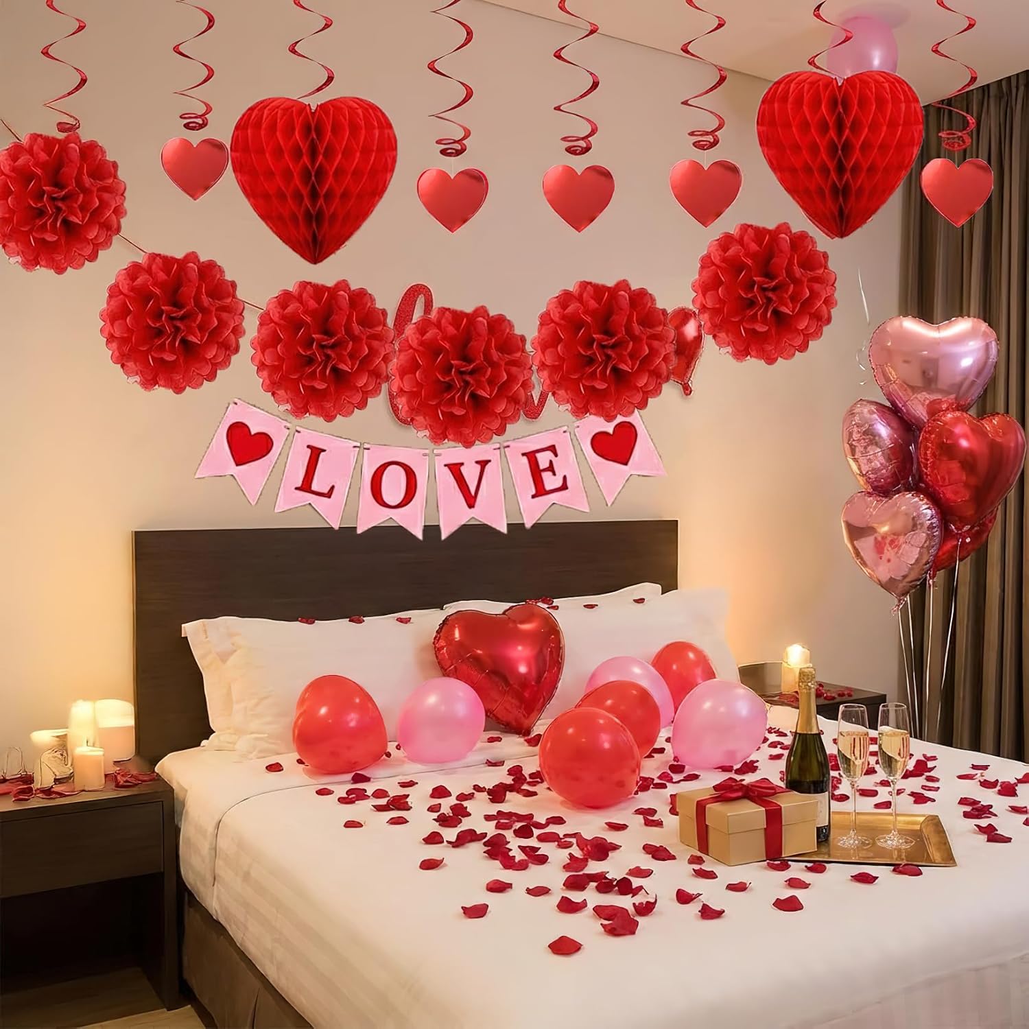 Valentine’s Day Decoration Kit - LOVE Banner, Heart Hanging Swirls, Red & Pink Paper Flowers, Rose Petals,Honeycombs, and Heart Foil Balloons for Wedding Anniversary Proposal Party Valentines Party - Image 2
