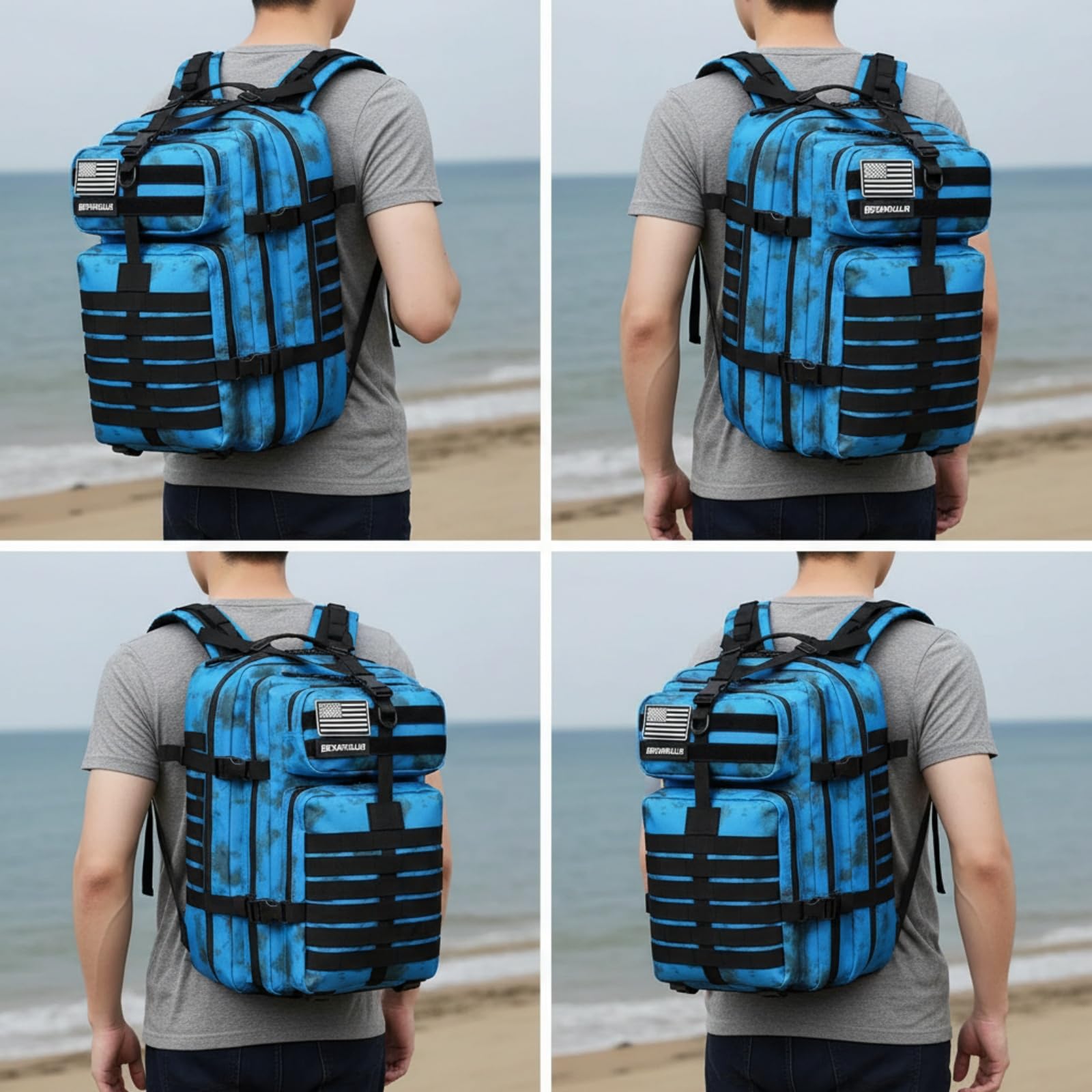 Militärischer taktischer Rucksack, 45 l, für Damen und Herren, Bug-Out-Tasche, Molle-Tagesrucksack, Wandern, Trekking-Rucksack, Blaue Krawatte, Large, Taktischer Rucksack