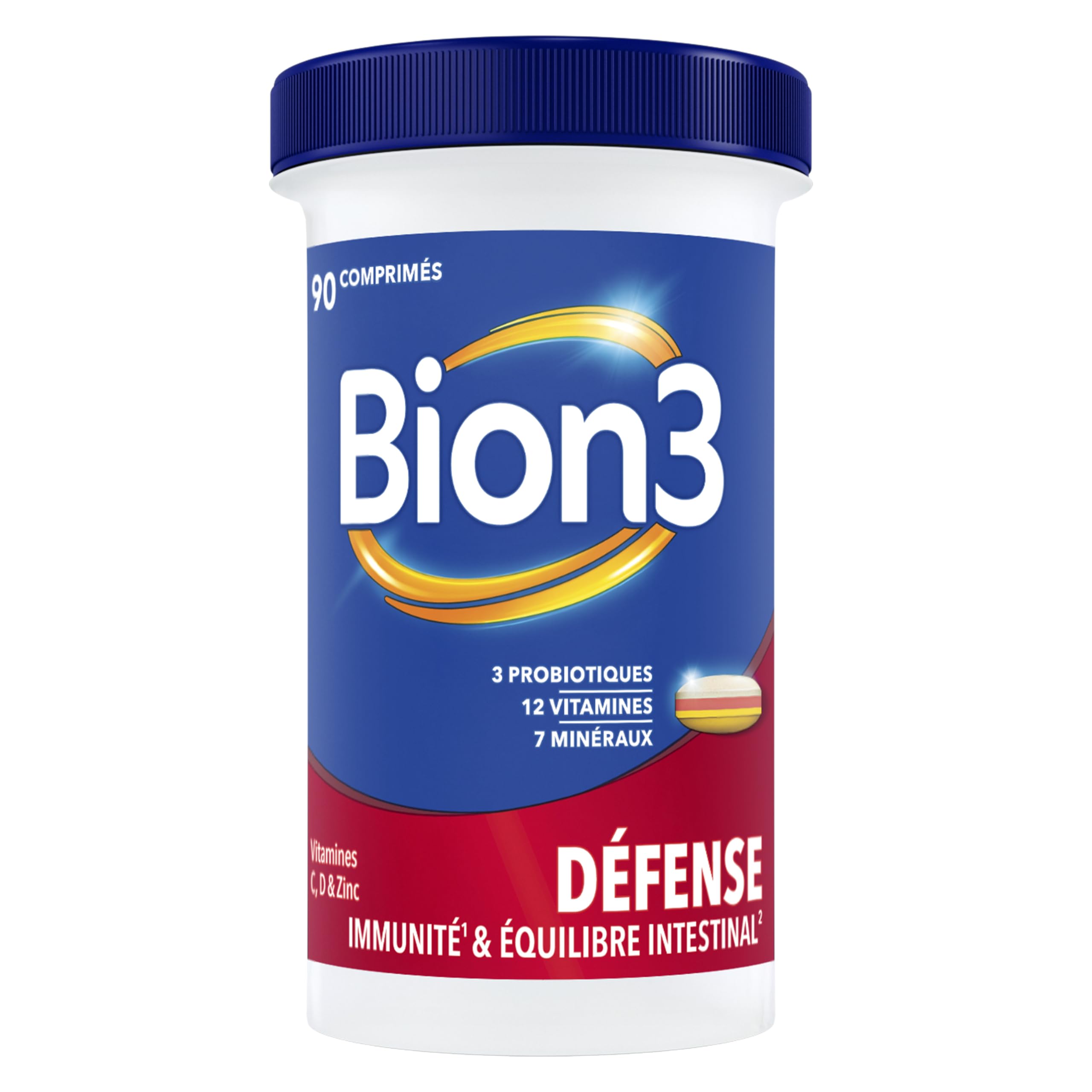 Bion3 Défense comprimés, complément alimentaire multivitaminé pour le soutien du système immunitaire¹ avec vitamine C, vitamine D, zinc et fer + probiotiques, 90 comprimés, 3 mois de prise