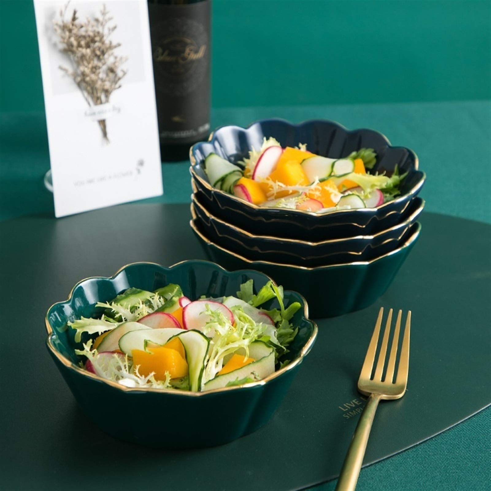 Miska na sałatkę, miska na ramen, Nordic Creative Glaze Flower Side Gold podwójna salaterka z miską na owoce i miską deserową Home Cutlery Miska na przekąski(Ink Green)