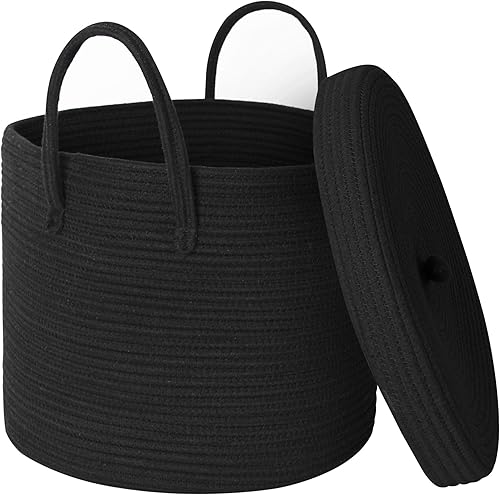 Cesta grande de 15 x 13 pulgadas con tapa, cesta de almacenamiento de cuerda de algodón para manta, juguete, almohada, toalla, lavandería, sala de