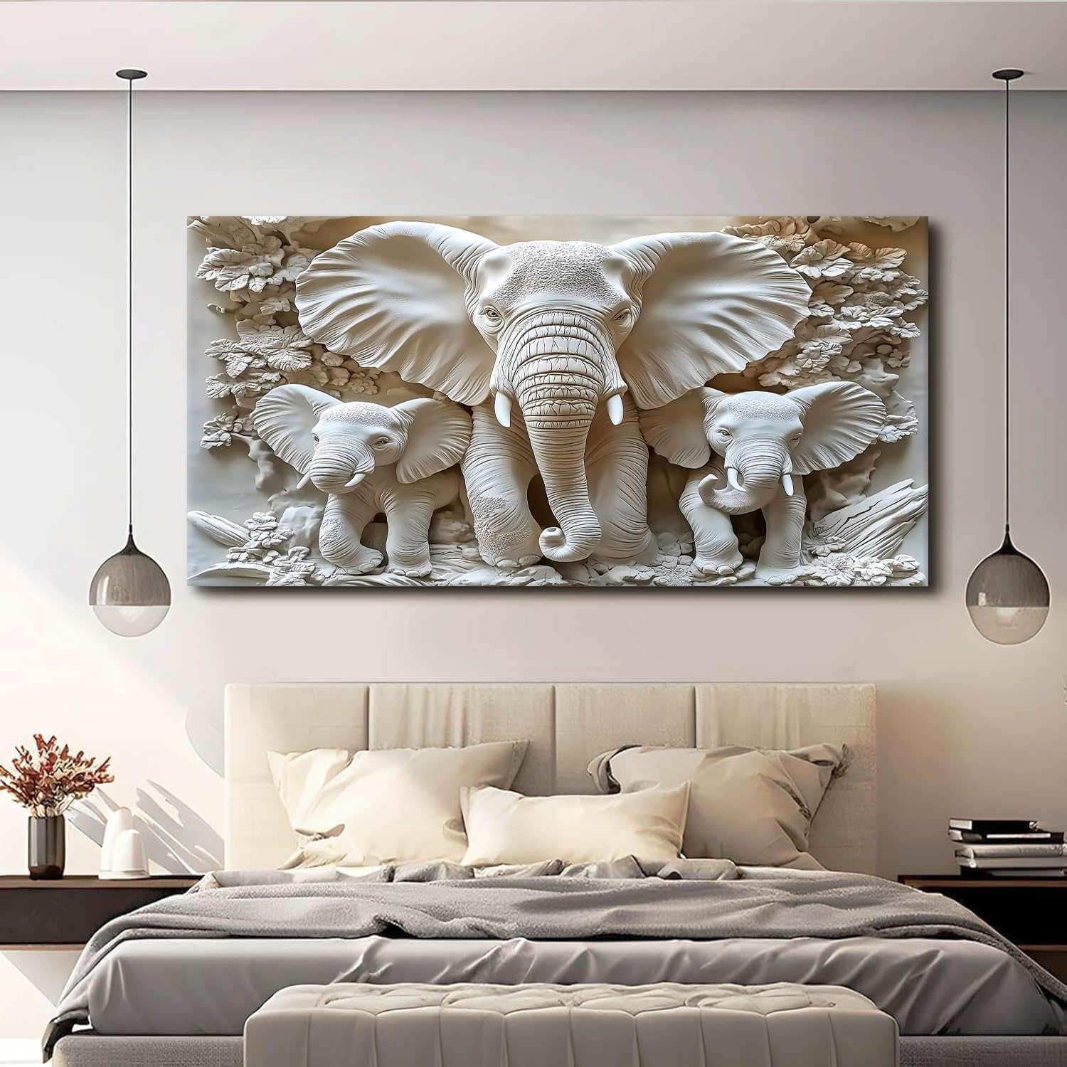MooMel Large Framed Elephant Family Wall Art Canvas Wall Decor 20x40 Inch Abstract Nature Animal Landscape Wall Art for Living Room Bedroom Home Office Modern Wall Decor.