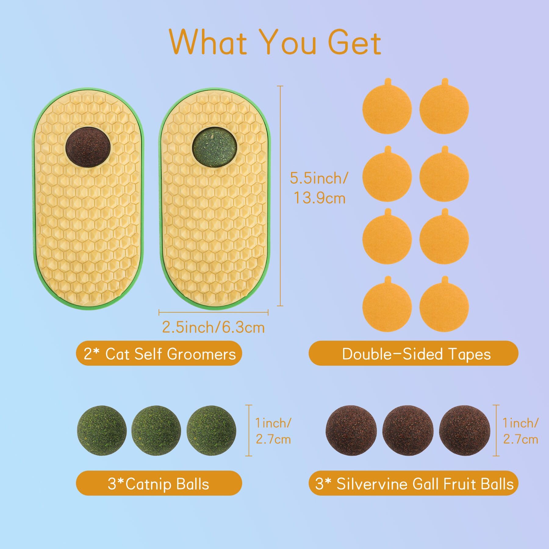 SEVENKA 2 Cat Toys Self-Grooming Cat Brush with 3 Catnip Balls & 3 Gall Fruit, Kitty Kitten Scratcher Self Groomer Catnip Toys for Indoor Cats, Chew Toys Wall Corner Brushes Edible Wall Treats, Yellow - image 8