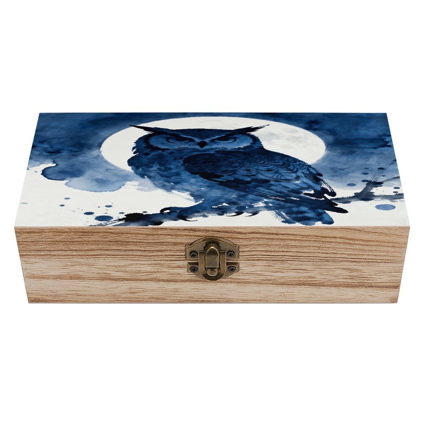 VstaDank Blue Moonstruck Owl Wooden Storage Box with Hinged Lid Natural Wooden Box Beautifully Keepsake Boxes Vintage Wood Boxes Jewelry Organizer Trinket Storage Chest Unique Gift