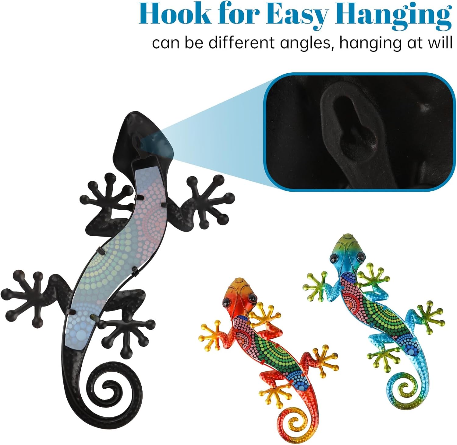 WANFSOWO 3D Metal Gecko Wall Art, 2 Pack Colorful Lizard Wall Decor, 14.76"x8.66" Hand-Painted Dot Pattern Outdoor Garden Fence Sculpture, Indoor Outdoor Hanging Animal Art for Patio Porch Gift