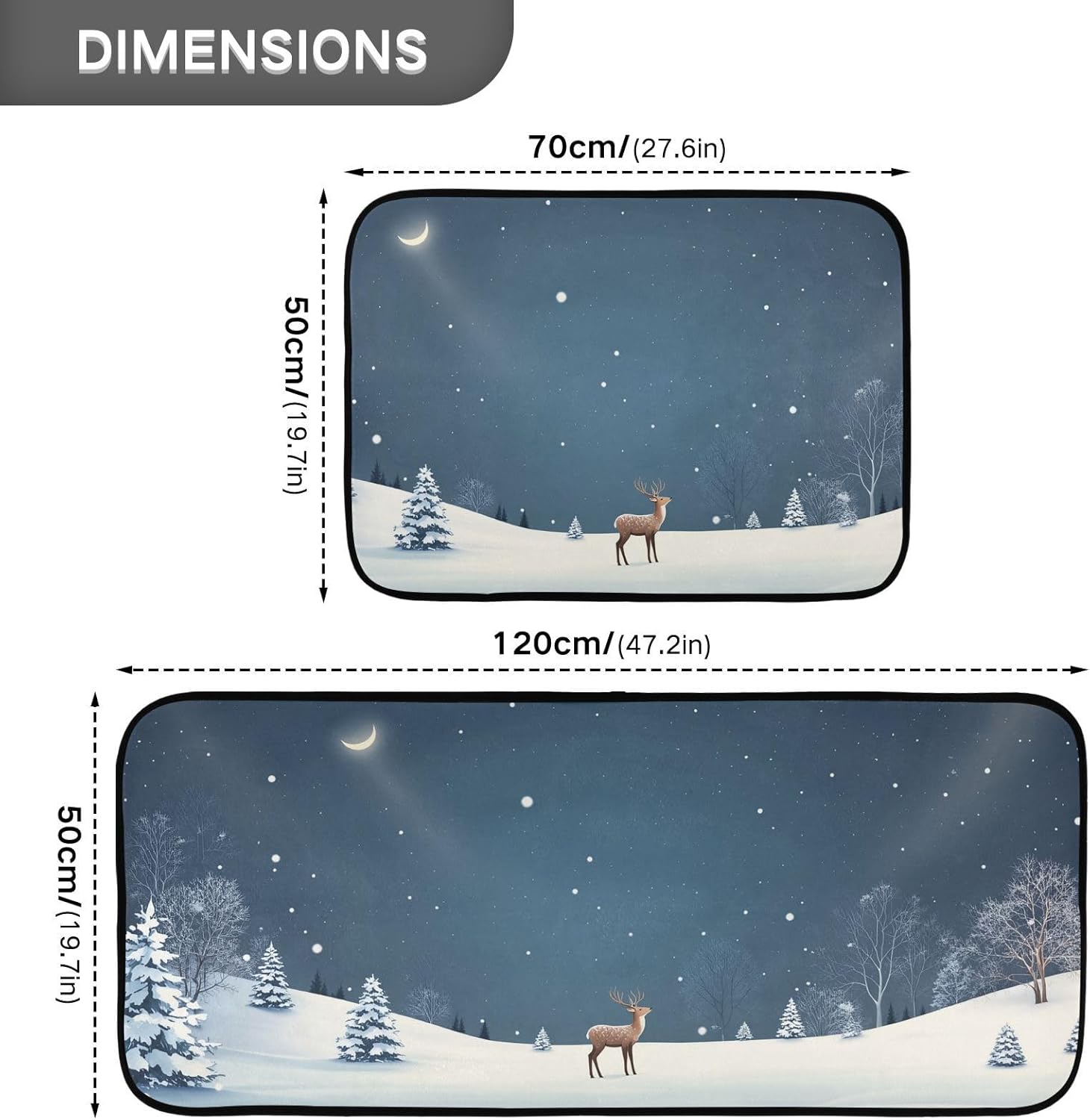 Pfrewn Winter Night Frosty Tree Snow Deer Kitchen Rug and Mat Set of 2 Anti Fatigue Non Slip Washable Runner Rugs Floor Mats for Christmas X-mas Winter Holiday Kitchen Laundry Room Home Decor