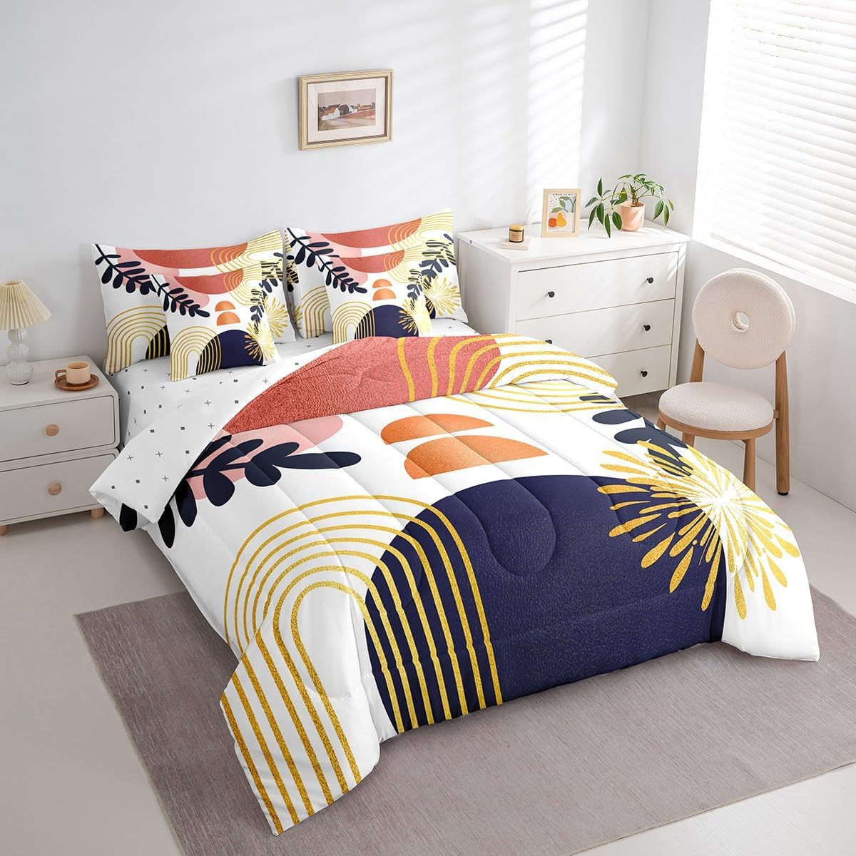 Boho Mid Century Bed in a Bag Queen Comforter Set 7 Piece,Abstract Geometric Modern Minimalist Bedding Sets Geometric Line Art Sheet Set with Comforter,Circle Graphic Ombre Stripes Bed Set,Orange Blue