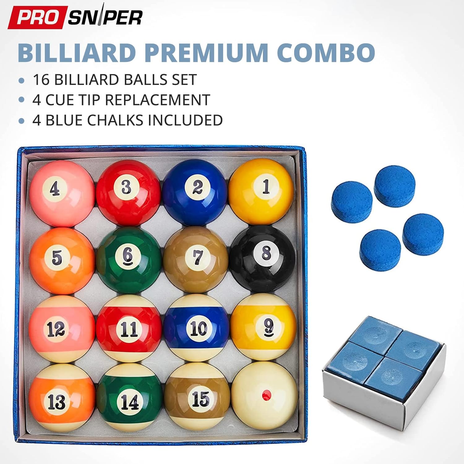 Prosniper Billiard Balls - 16 Premium Pool Ball Set Including 4X Cue Tips and 4X Blue Chalk I 6 oz & 2.25 inches I Pool Table Accessories for Beginners & Professionals I Made of Pure Resin