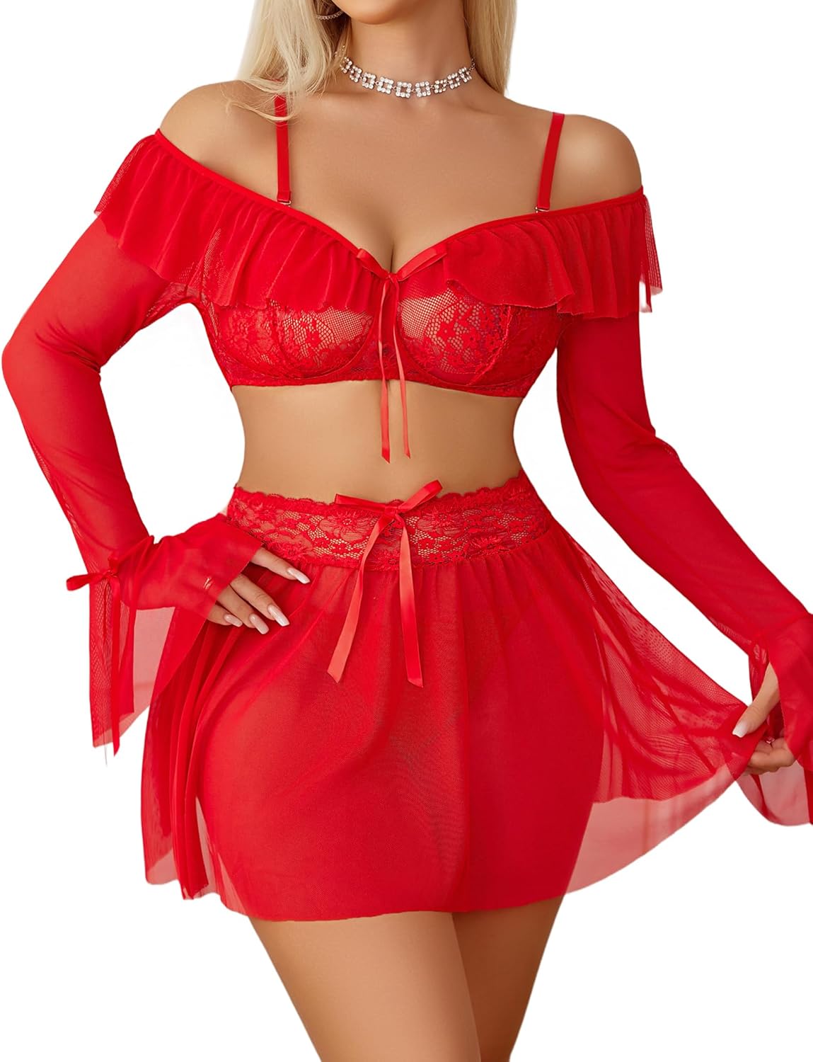 Avidlove Women's Sexy Lingerie Set Sheer Mesh Off Shoulder Bra Panty Ruffle Skirts 3 Piece Sets