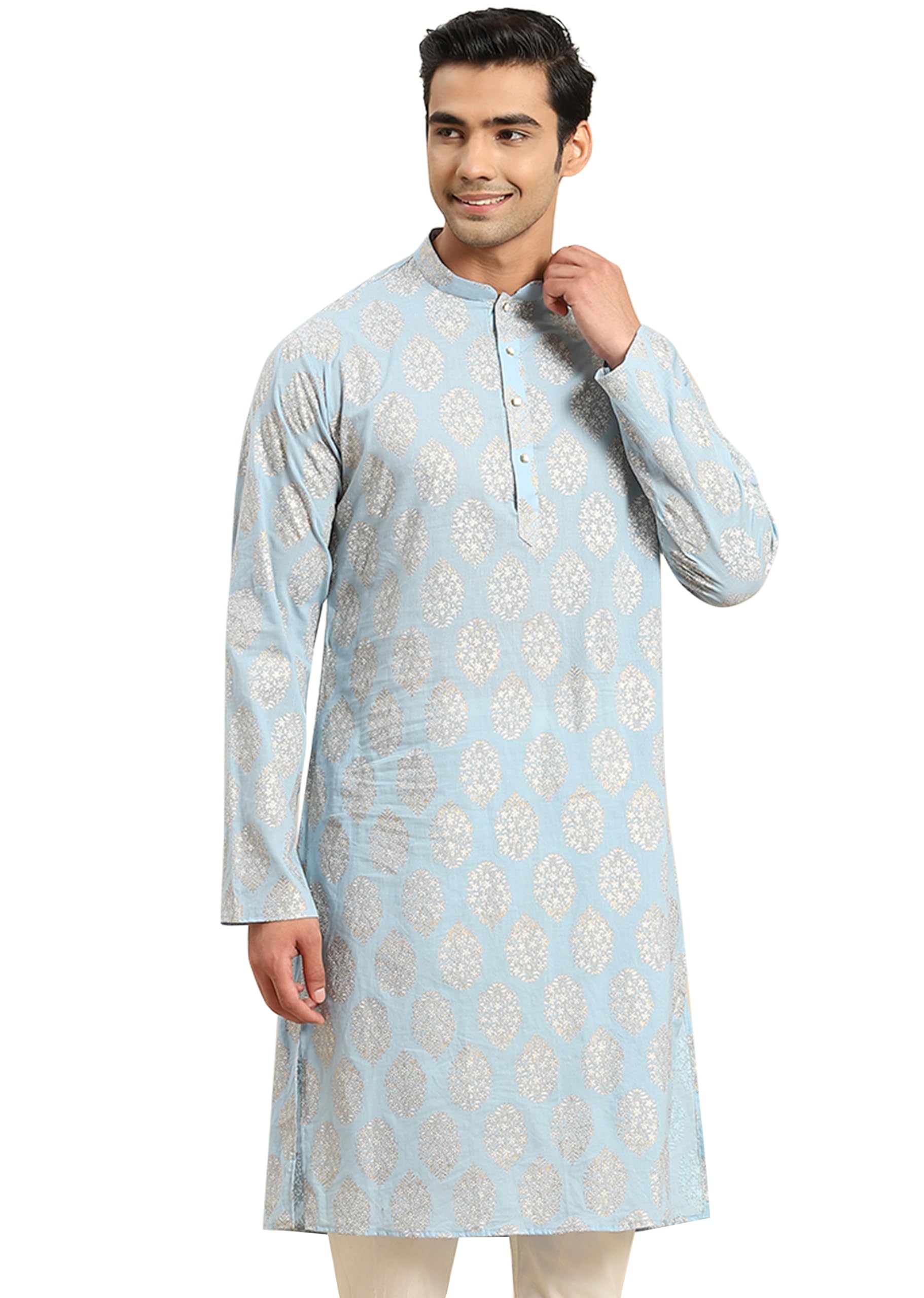 Kisah Mens Kurta, Cotton Blend Block Print Mandarin Collar Long Sleeves, Blue Ethnic Wear For Men, 38