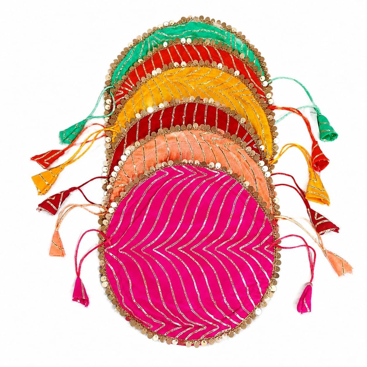 Women’s Traditional Lehariya Potli Bag Combo Pack of 6 | Ethnic Drawstring Batwa Pouch with Tassels & Gota Patti Work | Multicolor Bridal/Wedding Return Gift Potli-image-11