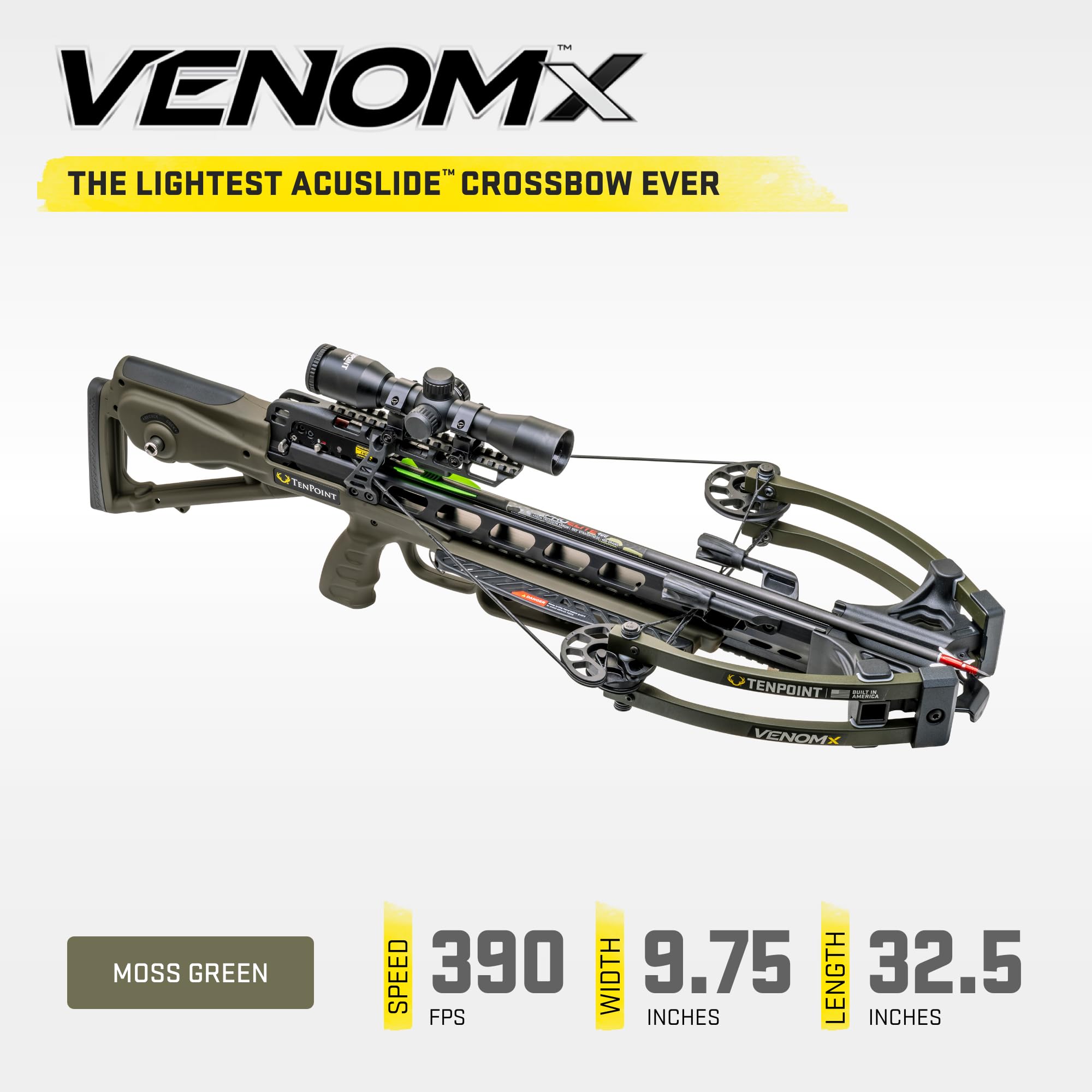 TenPoint Venom X Bundle, Moss Green - Includes 9 Pro Elite 400 Non-Lighted + 3 Pro Elite 400 Lighted Arrows, 3 EVO-X CenterPunch Broadheads, Narrow Soft Case, Neoprene Sling & Premium Lubricant