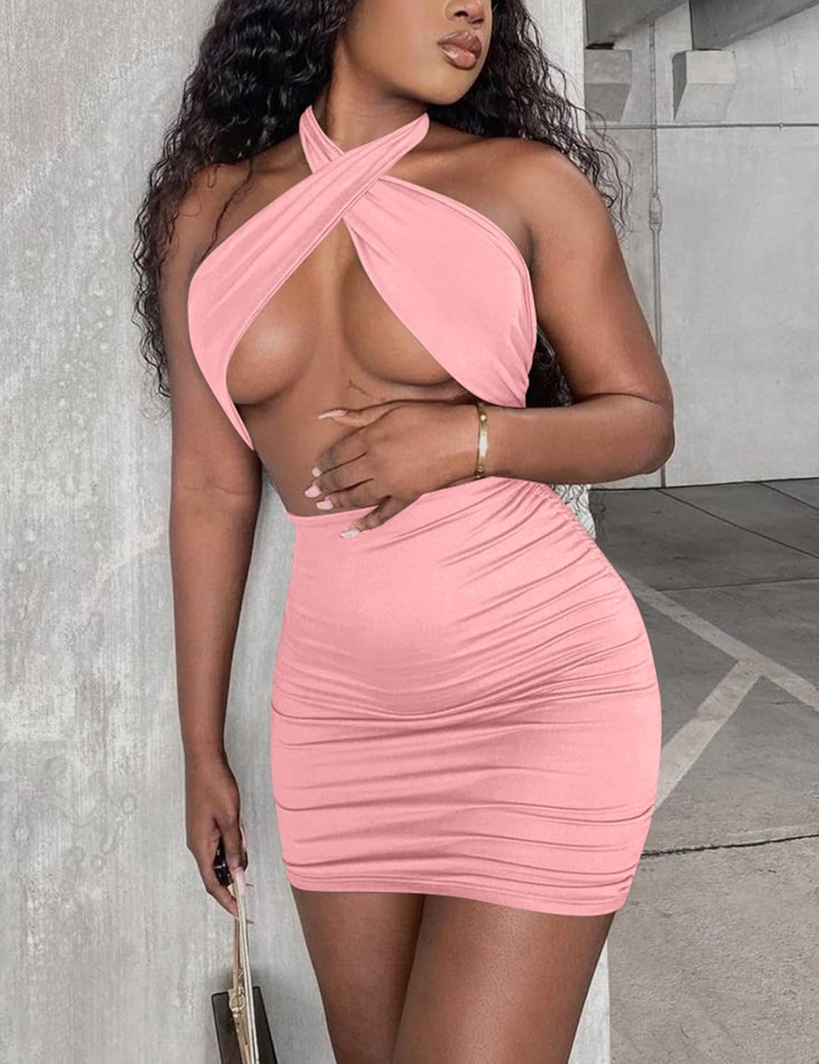 Women's Sexy Ruched Bodycon Halter Criss Cross Cut Out Backless Mini Club Party Dresses - Image 3