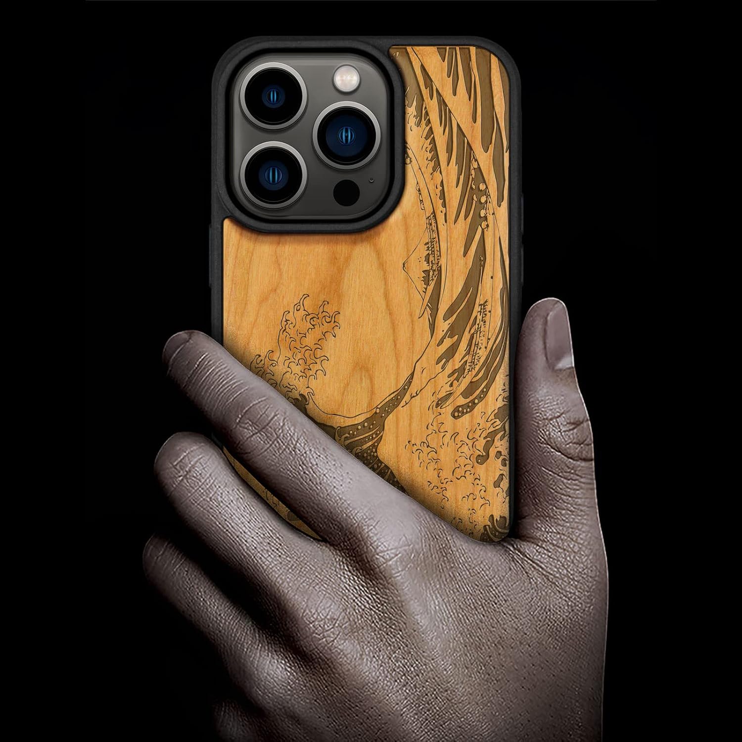 Carveit Magnetic Wood Case for iPhone 14 Pro Case [Natural Wood & Black Soft TPU] Shockproof Protective Cover Wooden Case Compatible with magsafe (The Great Wave Off Kanagawa -Cherry)