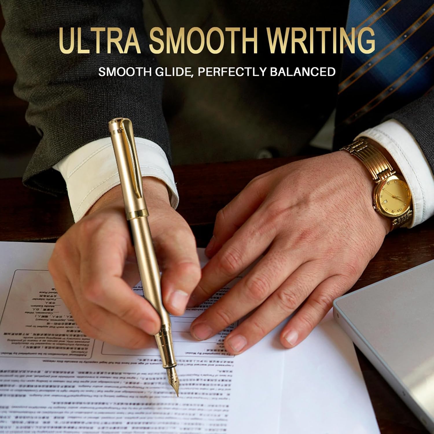 Fountain Pen with Fine Nib | Luxury Gold Finish, Smooth Ink Flow, Complete Set with Ink Cartridges, Converter & Sleeve | Ideal for Professionals, Office, Journaling, and Gifts - Image 3