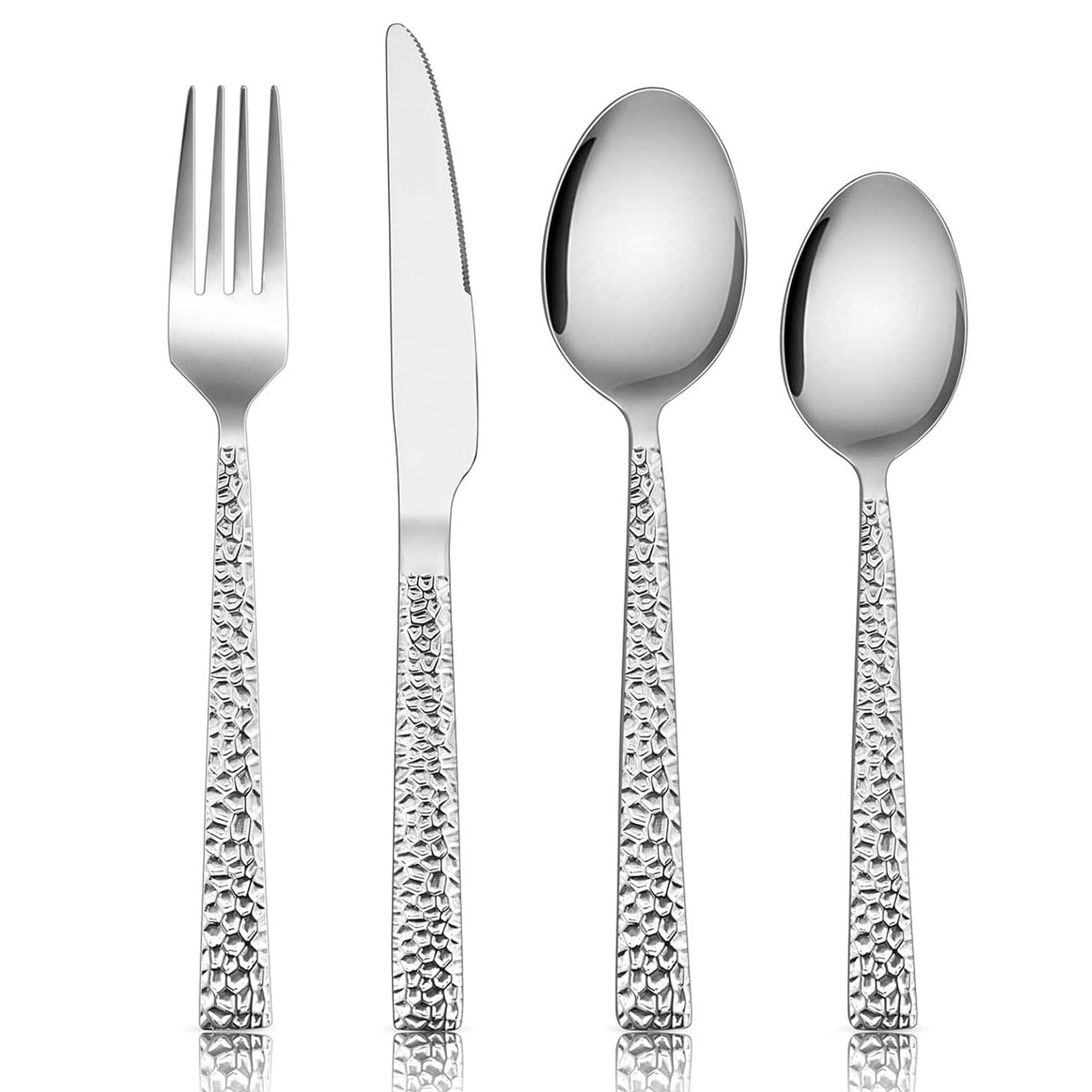 E-far 24-Piece Silverware Set, Hammered Stainless Steel Square Flatware Cutlery Set for 6, Tableware Set Eating Utensils for Home Kitchen Restaurant, Modern Design & Mirror Polished
