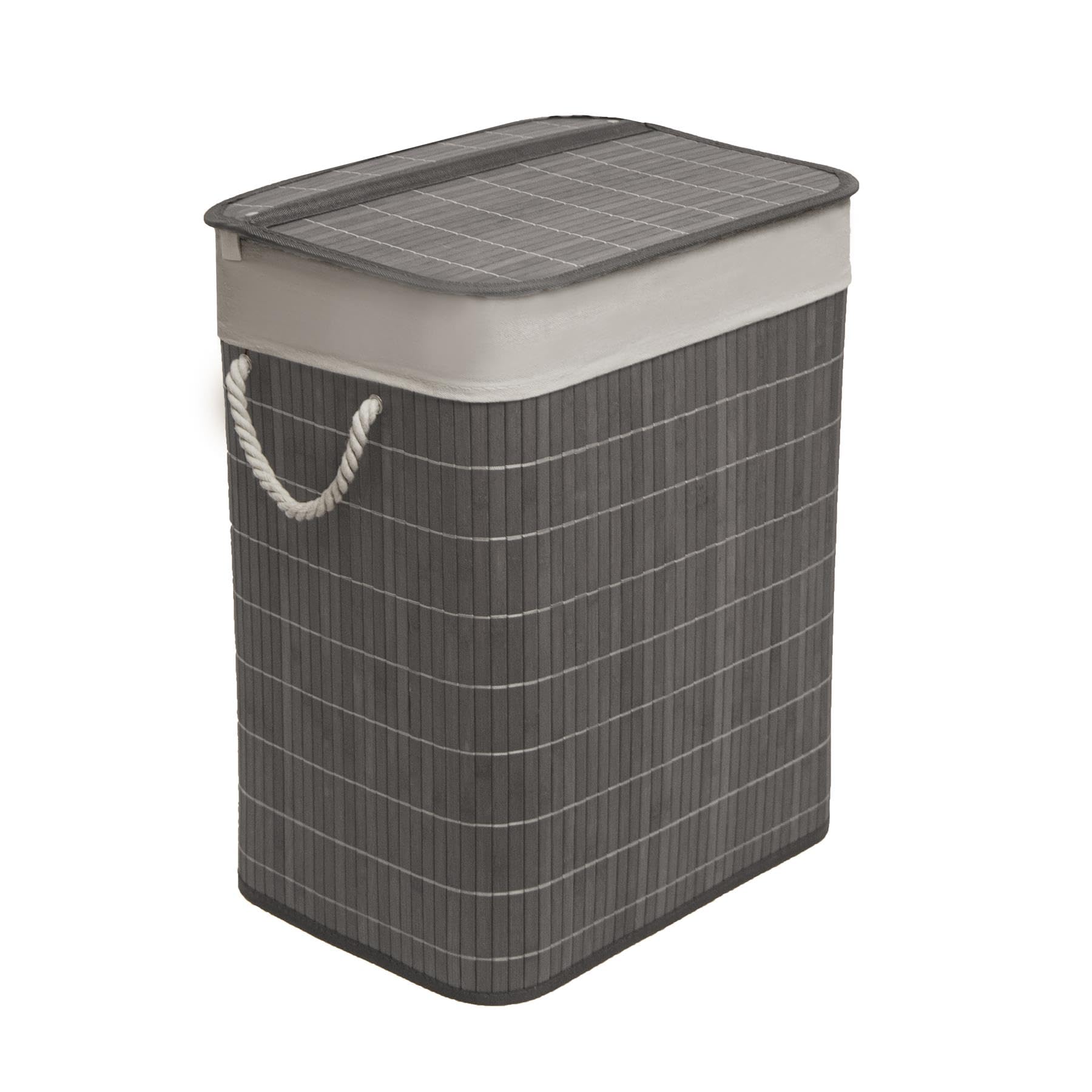 Mantraraj Grey Bamboo Foldable Laundry Basket With Lid 65L Square Hamper Basket With Removable Liner Divided Storage Organizer Washing Baskets For Laundry Bathroom Laundry Bin Storage Box (Grey)
