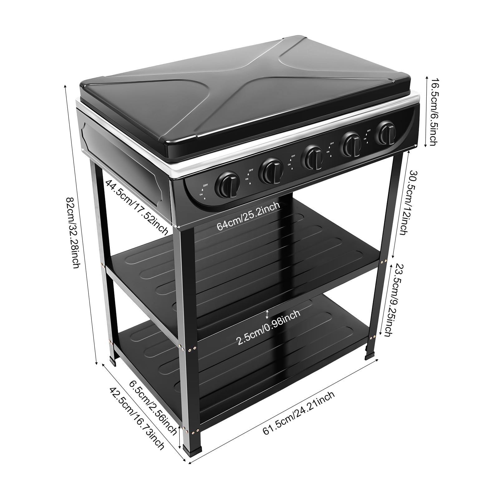 Gasherd, 2.5KW Gaskocher für Gasflasche, 5-Flammen mit Gas-Kochfeld Standherd Gaskocher Innenbereich für Camping Herdplatte, Gaskocher Regal Höhenverstellbar (Schwarz) - 3