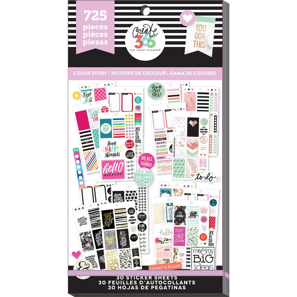 me & my BIG ideas Sticker Value Pack - The Happy Planner Scrapbooking Supplies - Color Story Theme - Multi-Color & Gold Foil - Great for Projects & Albums - 30 Sheets, 725 Stickers Total