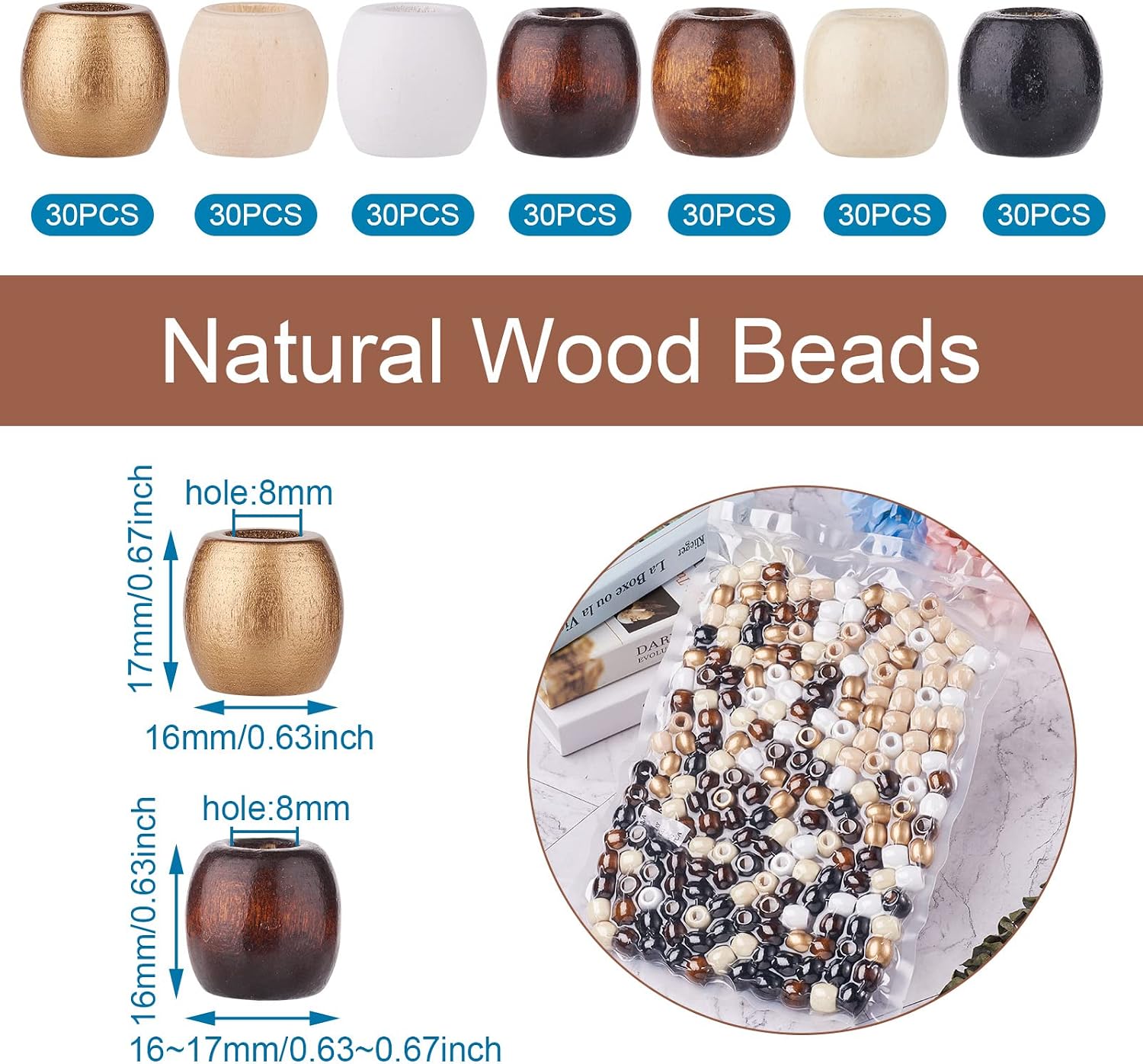 Craftdady 210pcs Large Hole Barrel Wood Loose Beads 7 Colors Natural Wooden Drum Oval Dreadlocks Hair Braid Beads 16x16-17mm for Macrame Bracelet Jewelry Craft Making Hole: 8mm