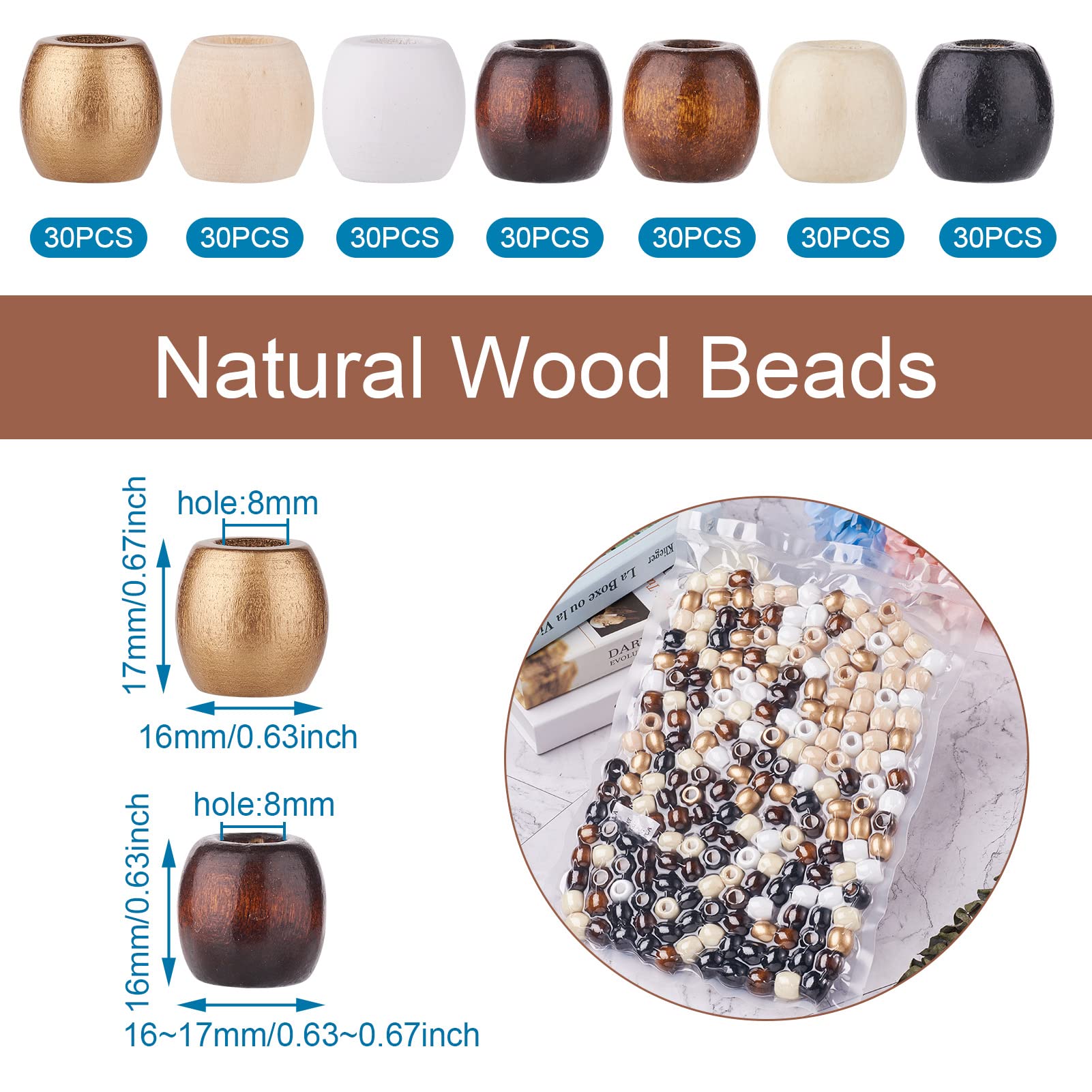 Craftdady 210Pcs 7 Style Wooden Drum Oval Dreadlocks Beard Hair Braid Beads 17x16mm Large Hole Barrel Spacer for Macrame Craft Braided Jewellery Making Hole:8mm - Image 2
