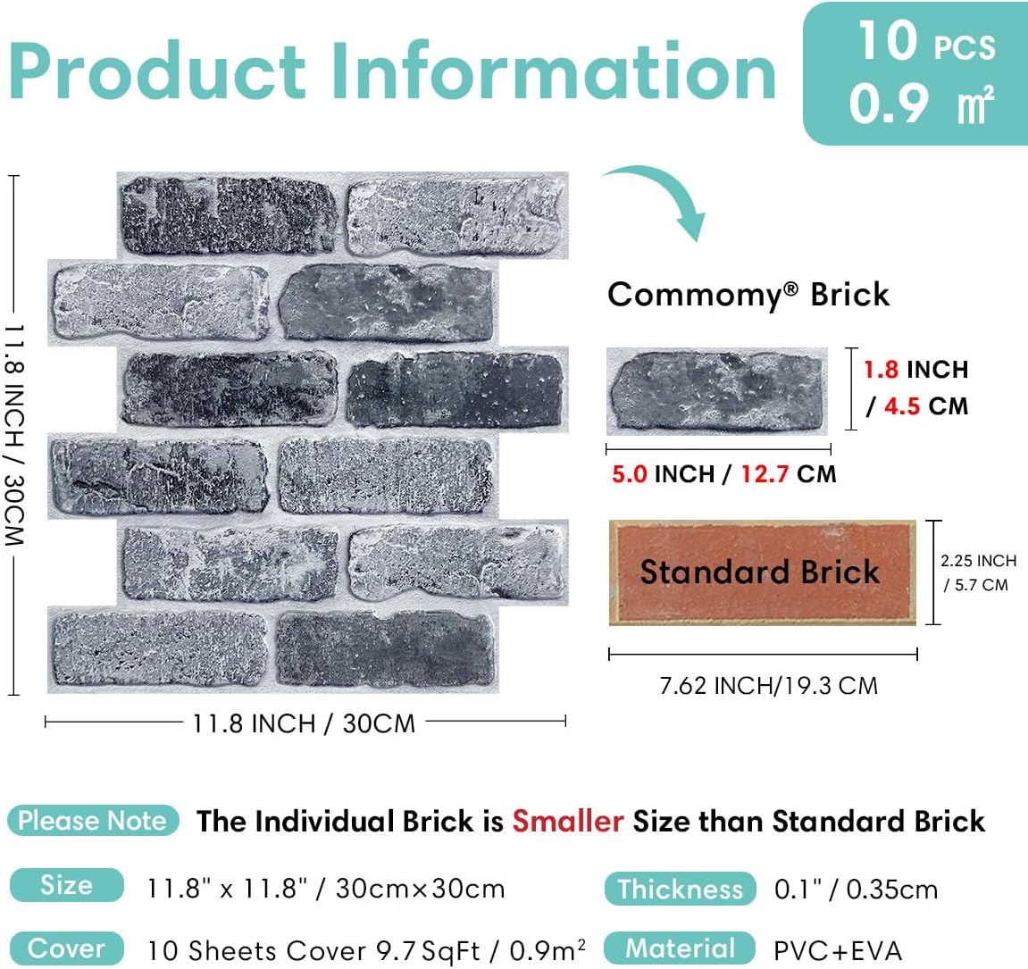 Commomy 3D Faux Brick Peel and Stick 10 pcs 11.8" x 11.8" image 4