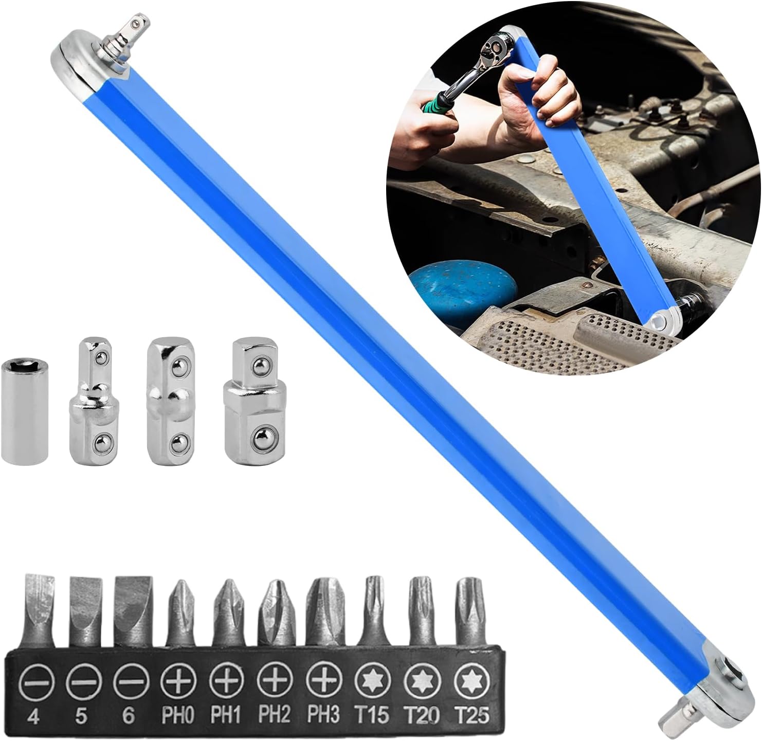 Offset Extension Wrench,15 Inch Impact Ready Socket Wrench Extender Tool Set with 1/2", 1/4" and 3/8" Square Drive Adapters, Zero Degree Ratchet Tool for Tight Place Car