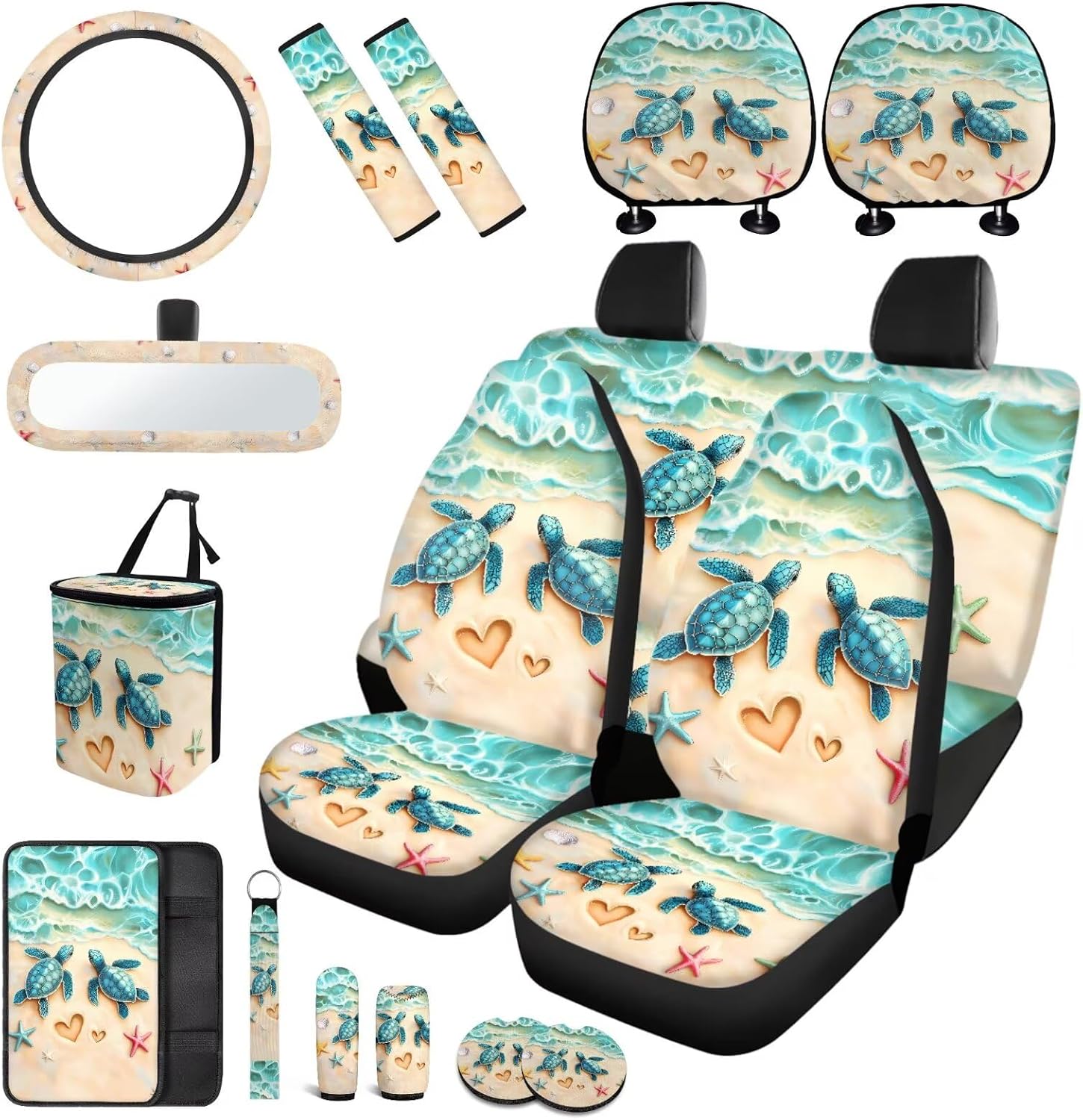 Sea Turtle Car Seat Covers Set Full Set with Rear View Mirror Cover,Green Sea Turtle Car Aaccessories of 17 Pcs,Universal Auto Interior Decor with Head Rest Covers,Car Trash Can for Women Man