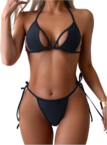 SOLY HUX Women's Triangle Bikinis Cut Out String Halter Swimsuits 2 Piece Bathin