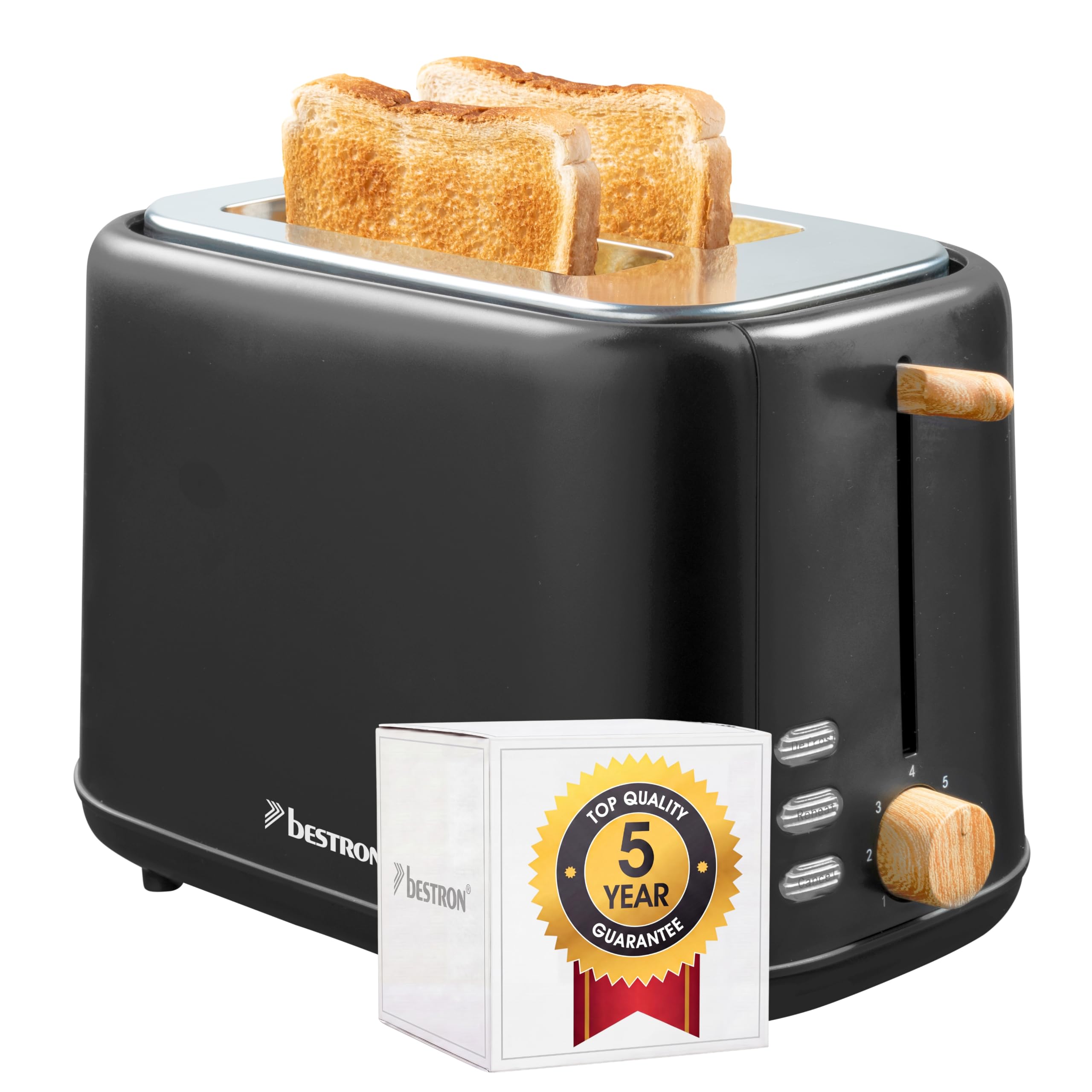 Bestron Toaster für 2 Toastscheiben, inkl. Brötchenaufsatz, 7 Bräunungsstufen & Krümelschublade, 800 Watt, Black & Wood-Design, Farbe: Schwarz / Holz