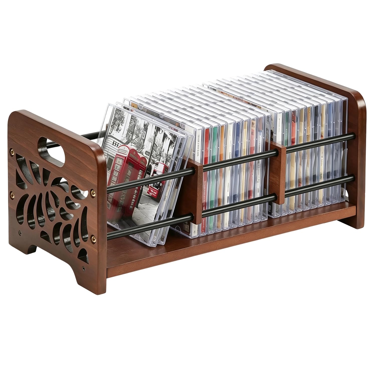 CD Ständer Holz CD Regal Aufbewahrung, CD/DVD Aufbewahrungbox | Skelett Blume CD Halter und DVD Organizer mit Griffen auch für Bücher,Karten,Postkarten 37x17.5x16cm