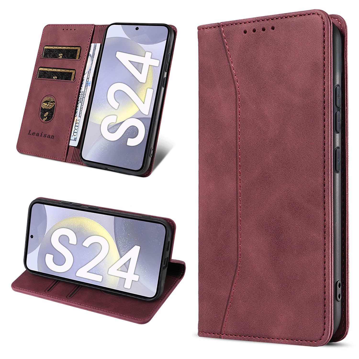 Leaisan Handyhülle für Samsung Galaxy S24 Hülle Premium Leder Flip Klappbare Stoßfeste Magnetische [Standfunktion] [Kartenfächern] Schutzhülle für Samsung S24 5G Tasche - Wein Rot