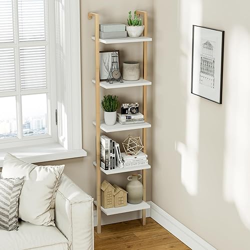 Miniatura 5 de NUMENN Estantería industrial con escalera de 5 niveles, estantería de montaje en pared de espacio abierto con marco de metal, estantes resistentes