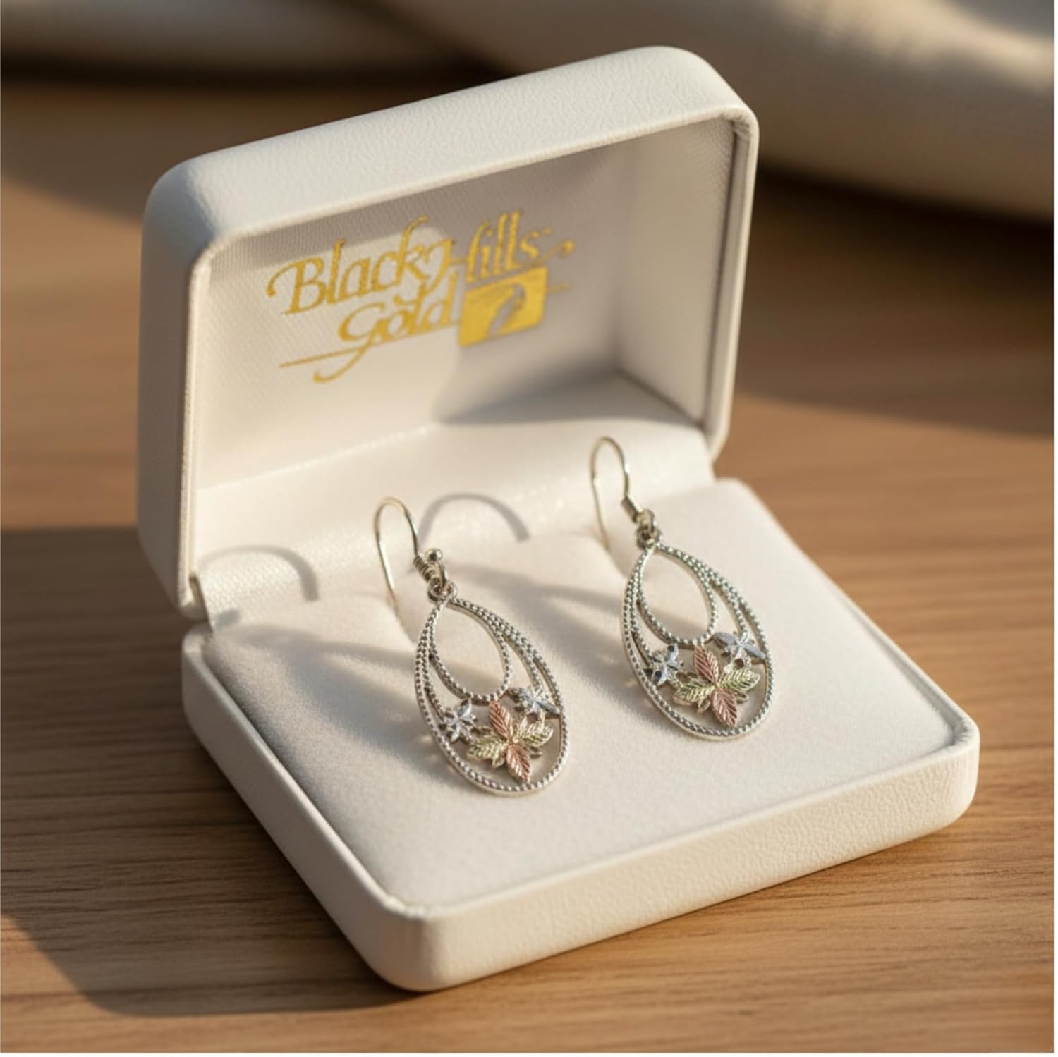 Black Hills Gold Dangle Earrings, 10k Yellow Gold with 12k Green and Rose Gold Accents, Oval Filigree Drop Earrings for Women