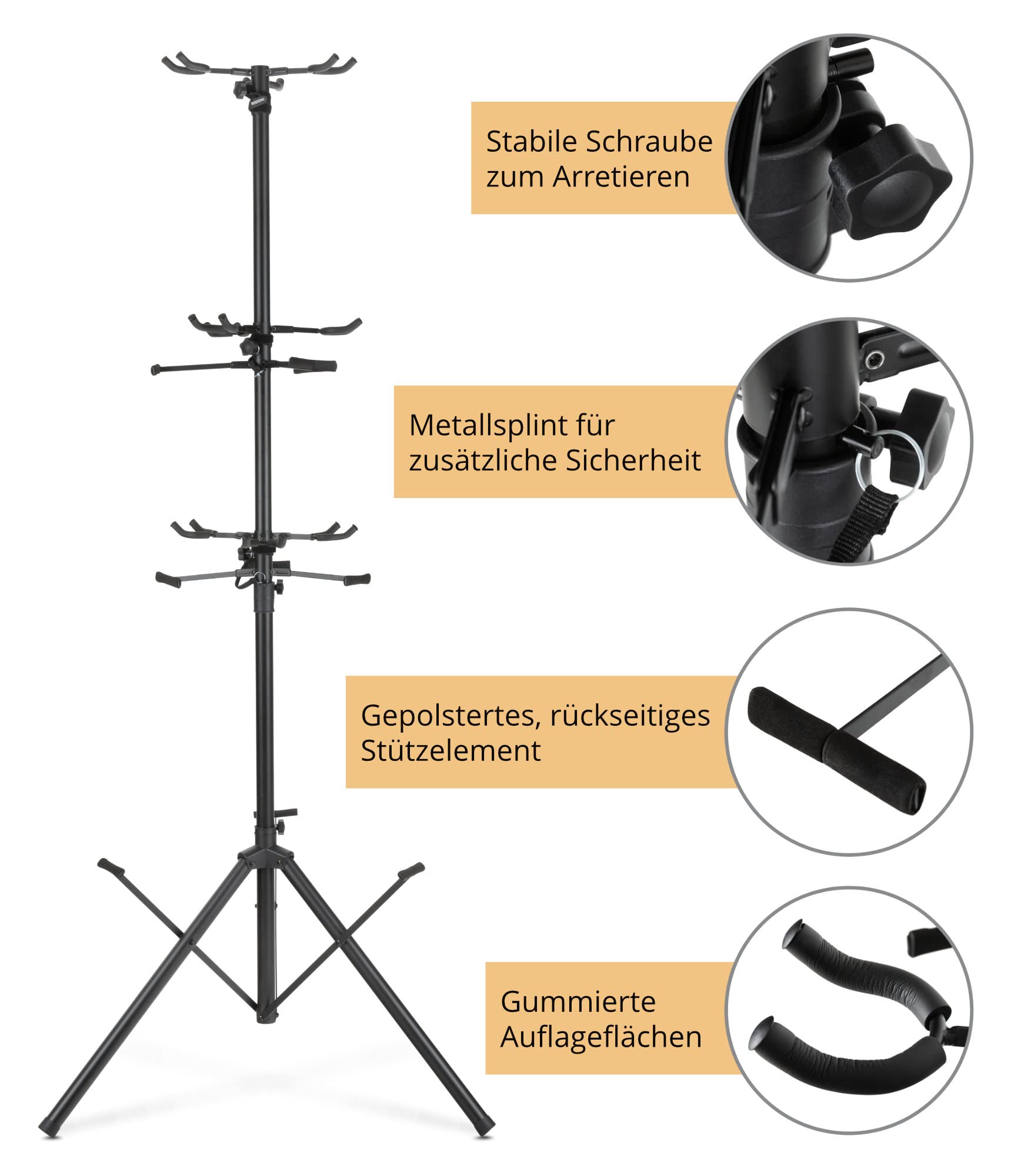 Pronomic GTT-009 Multi Gitarrenständer für bis zu 9 Instrumente - Gitarren, Bässe, Ukulelen und andere Saiteninstrumente - Klappbar mit Transportsicherung - Für Proberaum, Bühne oder Wohnzimmer