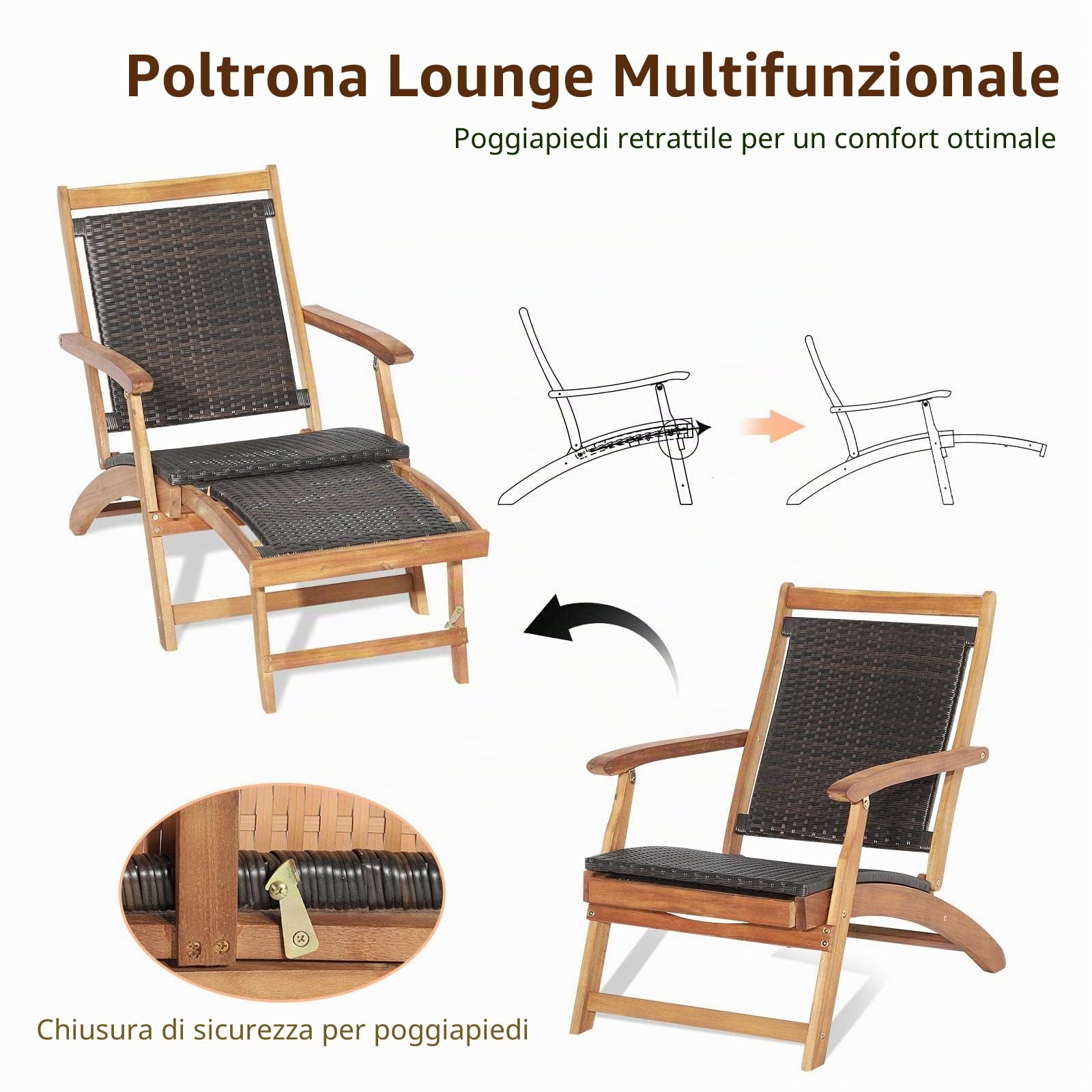 KOMFOTTEU Set Pieghevoli da Giardino in Rattan con Sedia Sdraio e Tavolino