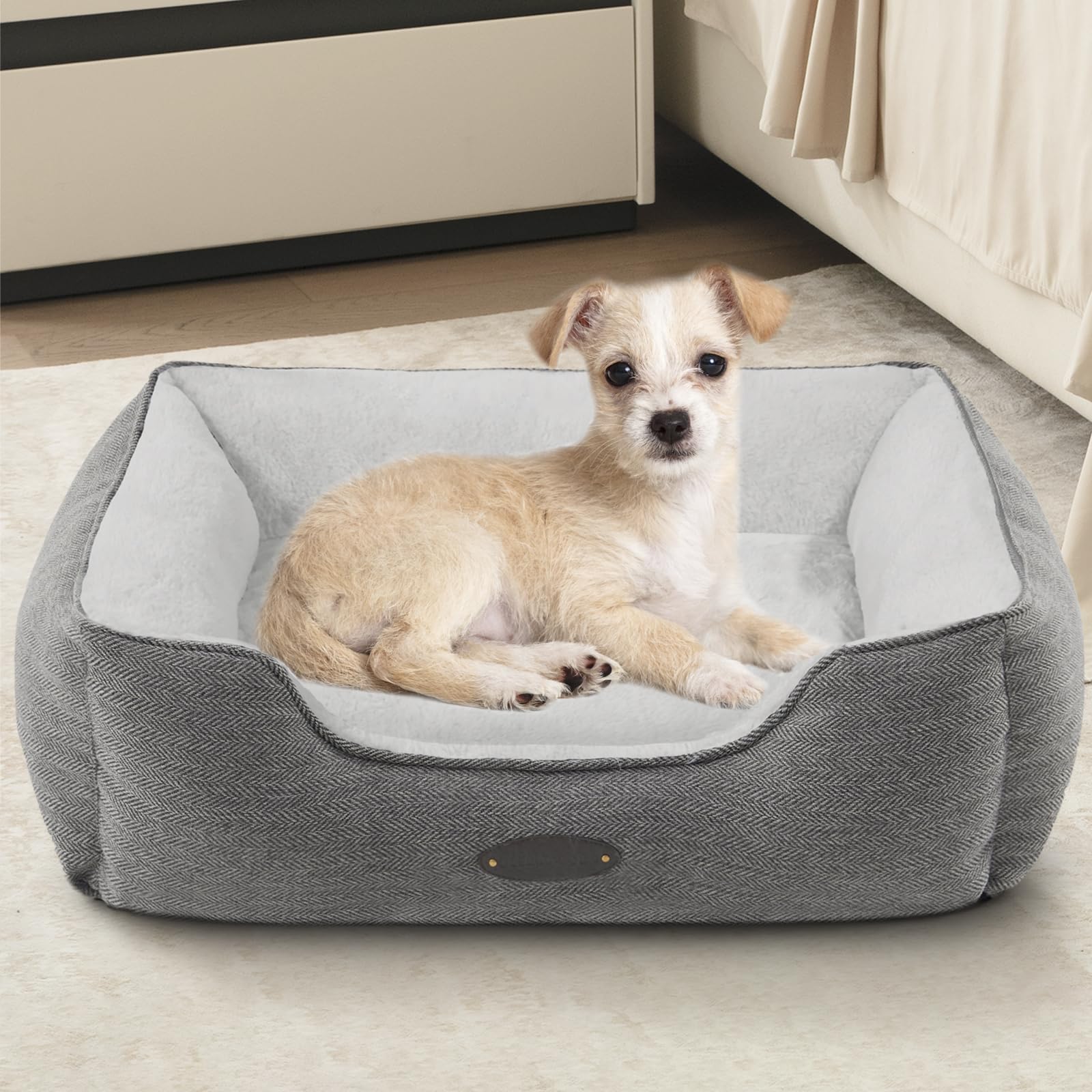 Dog Bed for Small Dogs Breeds, Rectangular Soft Kennel Bed,Washable Deluxe Plush Dog Crate Beds, Comfy Durable Pet Sleeping Bed with Pillow & Non-Slip Bottom, Size (24"X21" Gray)
