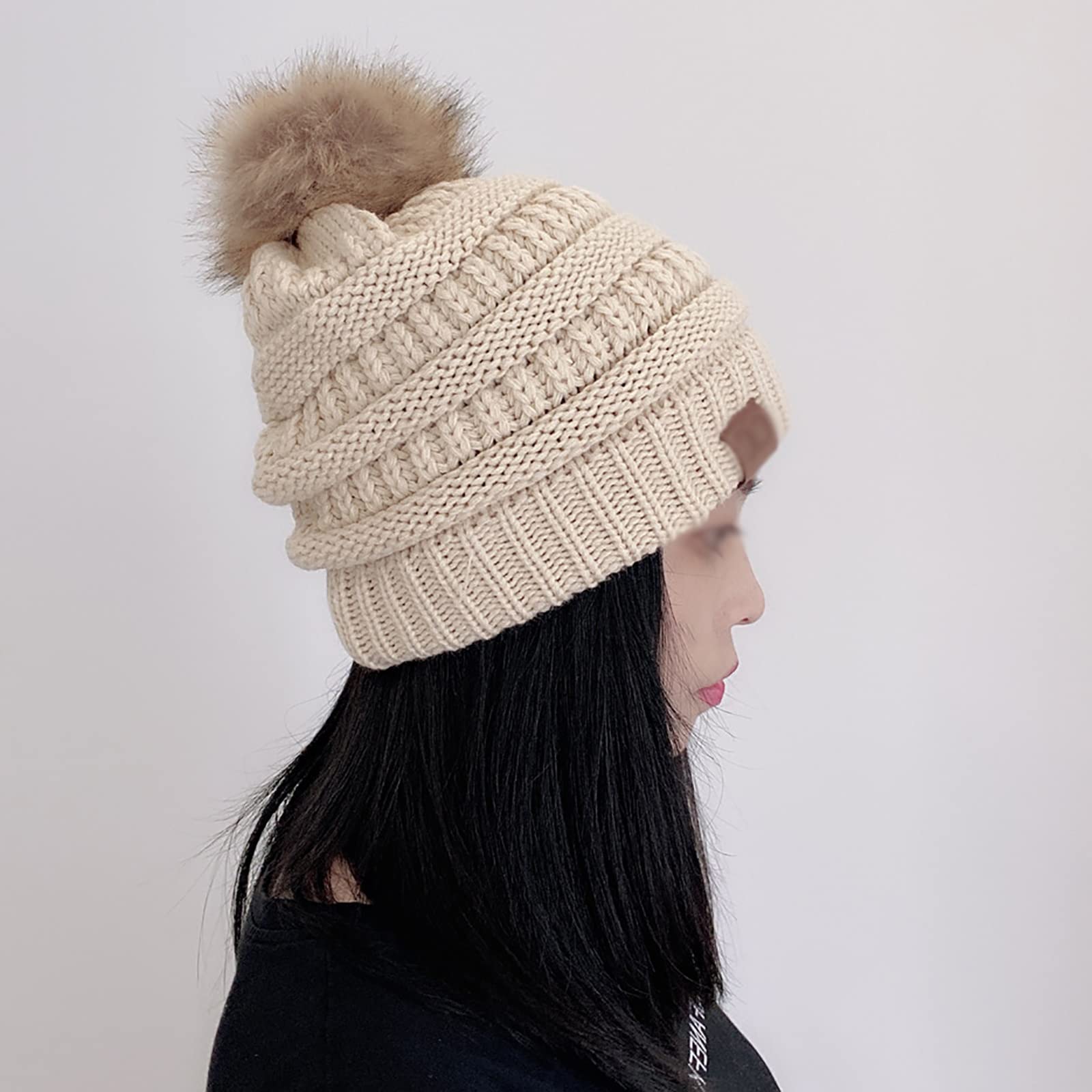 Gorros de Invierno, Gorro de Punto con pompón para Mujer, Gorro de Invierno con pompón de Piel sintética, Gorro Holgado, Talla única(Pink-One Size)