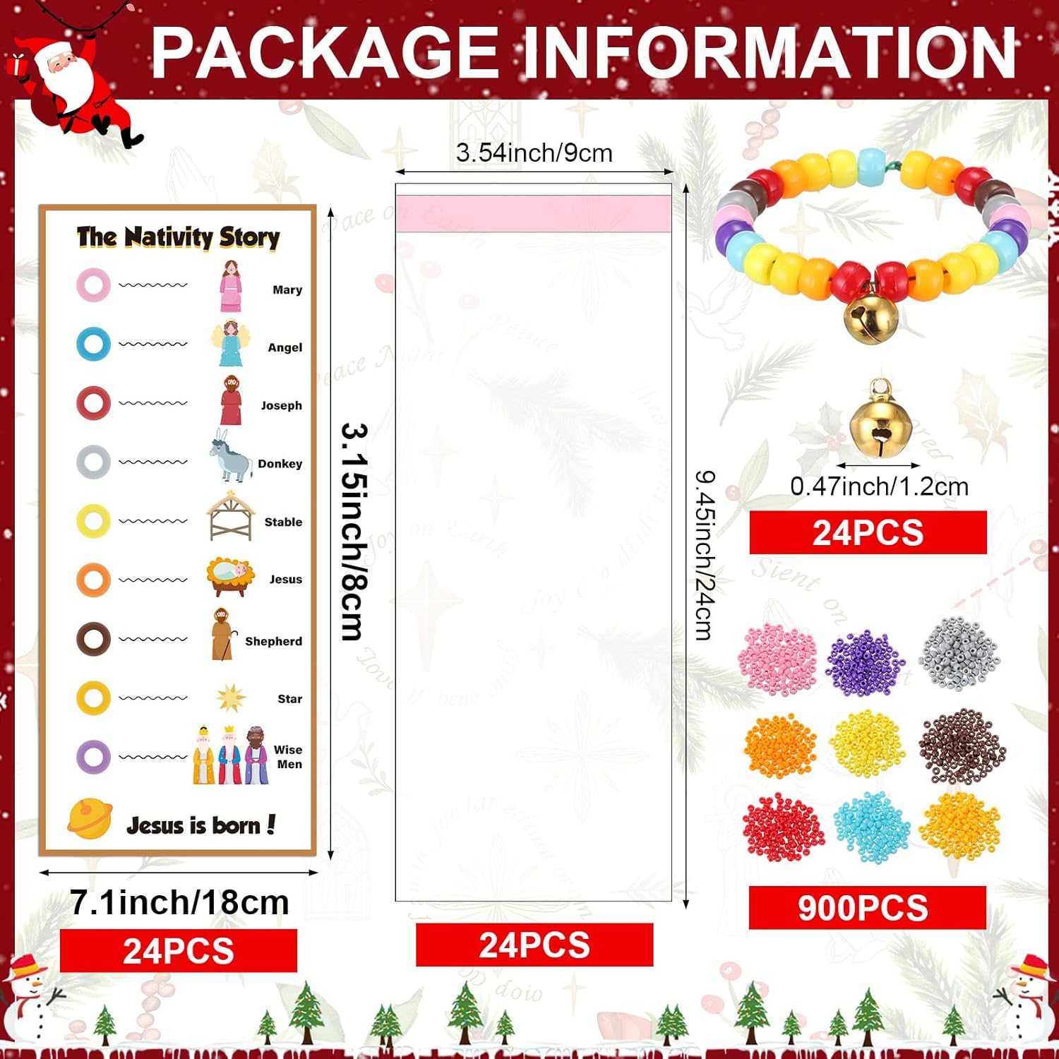 Cunno 24 Sets Nativity Crafts Bead Bracelets Making Kit with Jesus Nativity Story Cards Bells Christian Religious Crafts for Easter Gifts Sunday School DIY Activities