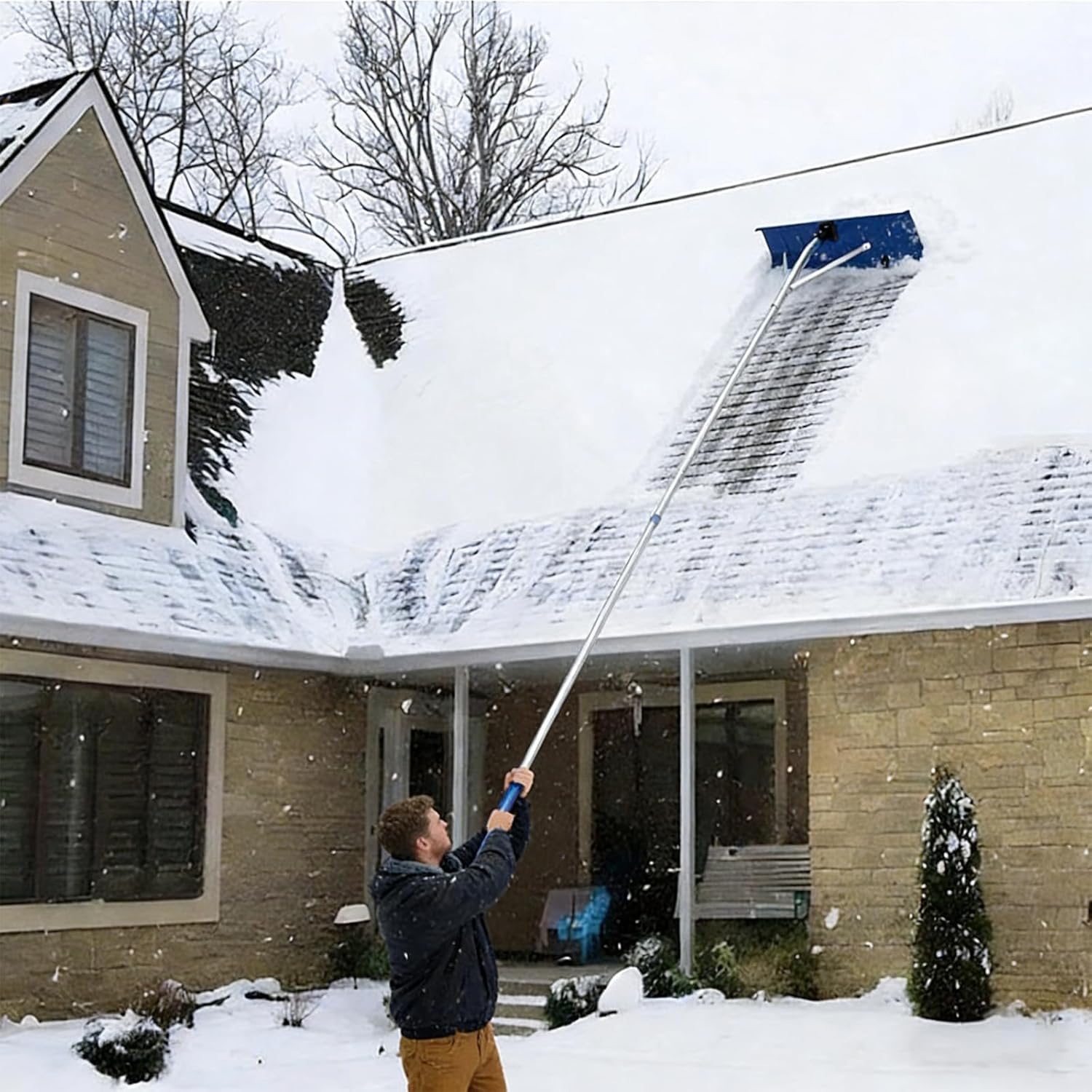 Adjustable Roof Snow Shovel with Detachable Head and 20.5 Foot Extending Rod for Safe Removal from Below Safe Removal