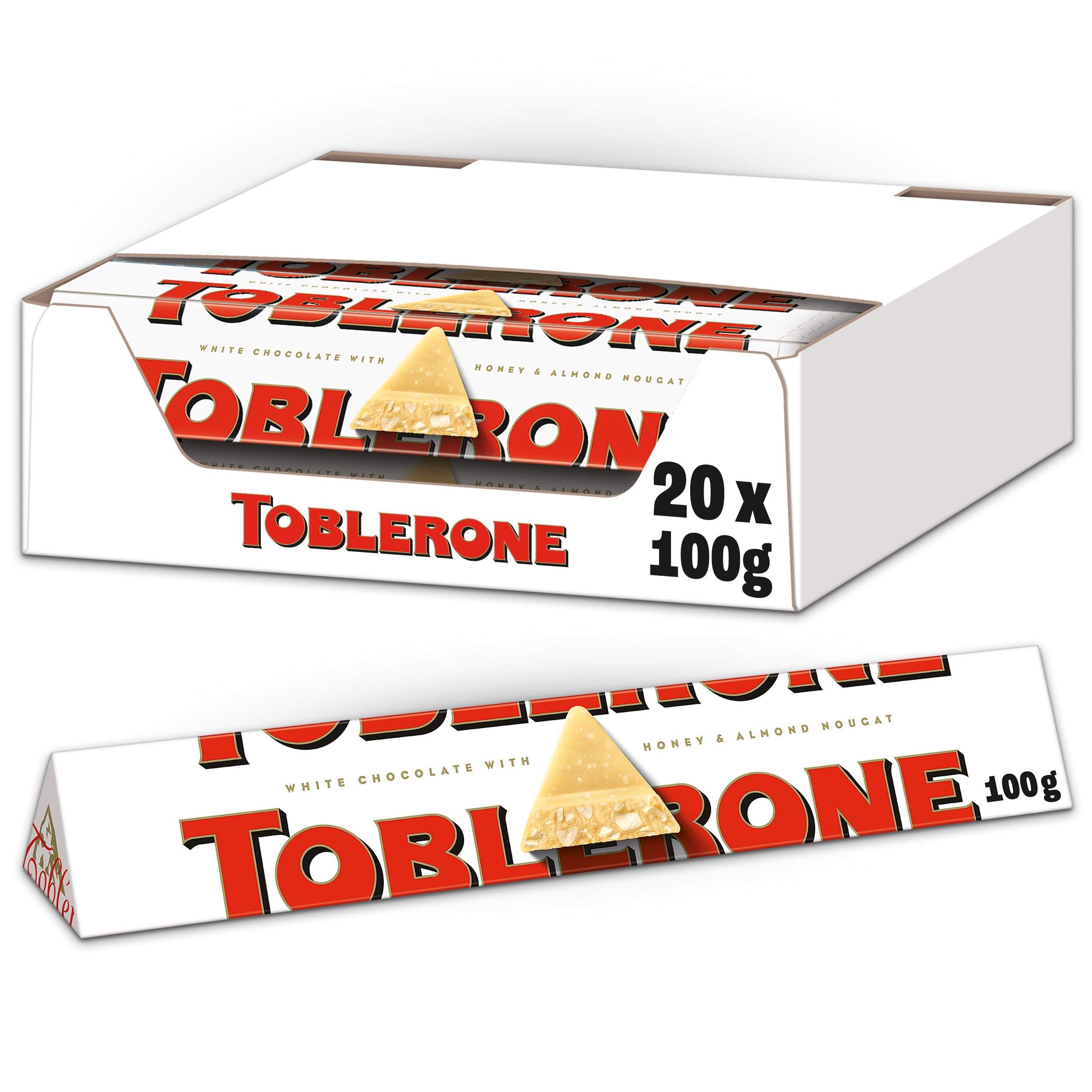 Toblerone Weiße Schokolade – Feine Schweizer Schokolade mit Honig- und Mandelnougat – 20 x 100g