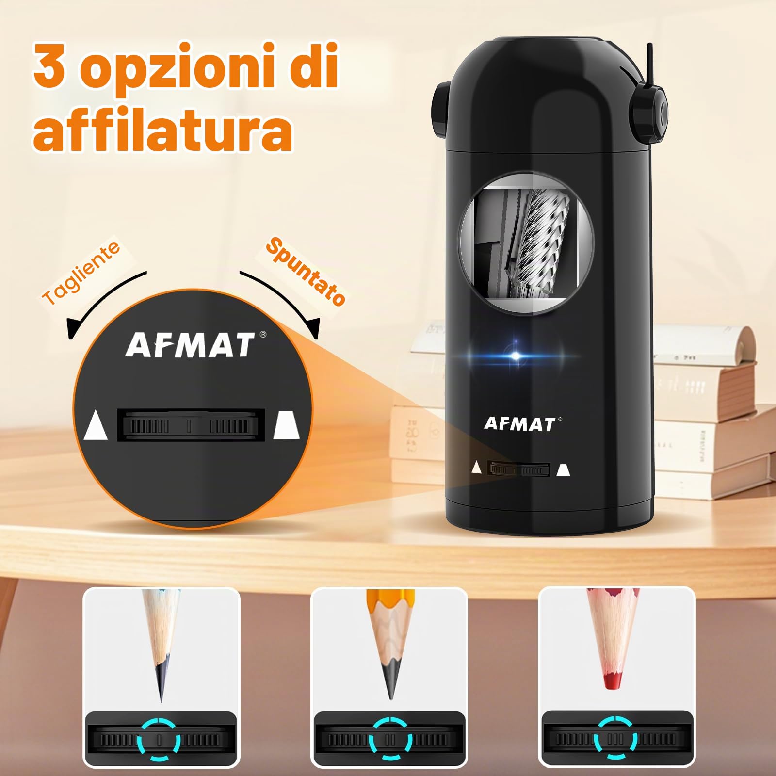 AFMAT Temperamatite elettrico completamente automatico con contenitore, temperamatite elettrico per matite da 7 a 11,5 mm, portatile e sicuro, temperamatite elettrico ricaricabile per casa, ufficio