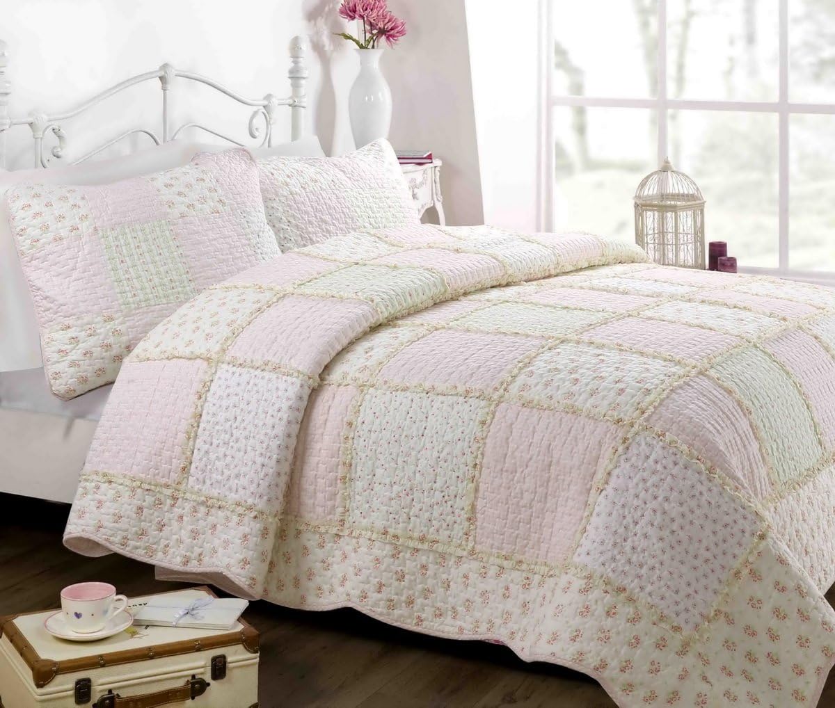 [Fairtable Bedroom] 100% Hypoallergenic Cotton 2 piece Floral Patchwork Quilt Set Bedroom Quilt Bedding Twin Size Pink