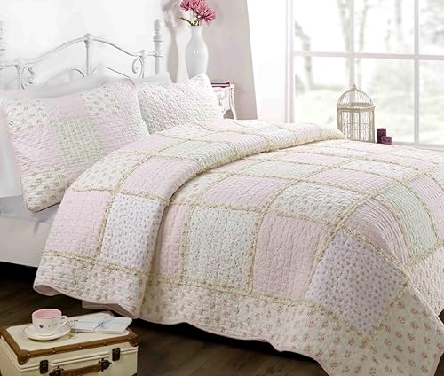 Onitiva Fairtable dormitorio 100% algodón hipoalergénico 3 piezas de edredón floral patchwork conjunto de ropa de cama cama queen size rosa