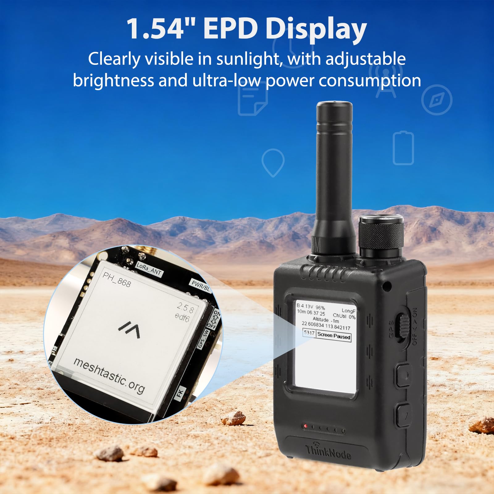 ELECROW Trasmettitore LoRa Meshtastic con GPS e ESP32-S3 – ThinkNode M5 Schermo EPD da 1,54 Pollici con Custodia, Modulo Wireless SX1262 da 868 MHz, Batteria da 1200 mAh per Rete Meshtastic