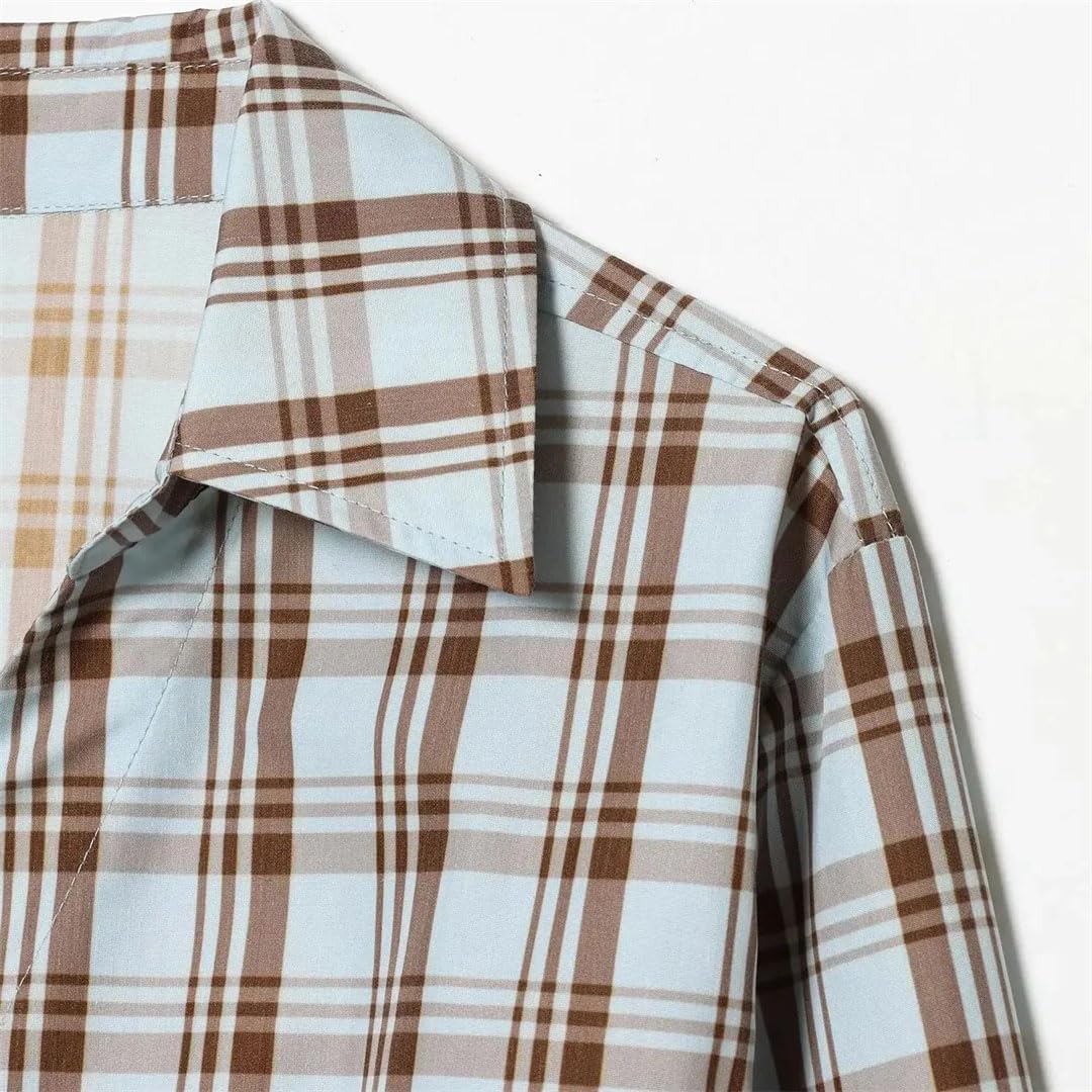Women's Turn Down Collar Full Sleeve Single Button Patchwork Plaid Top Knee Length Flared Skirt Suits Vintage Sets