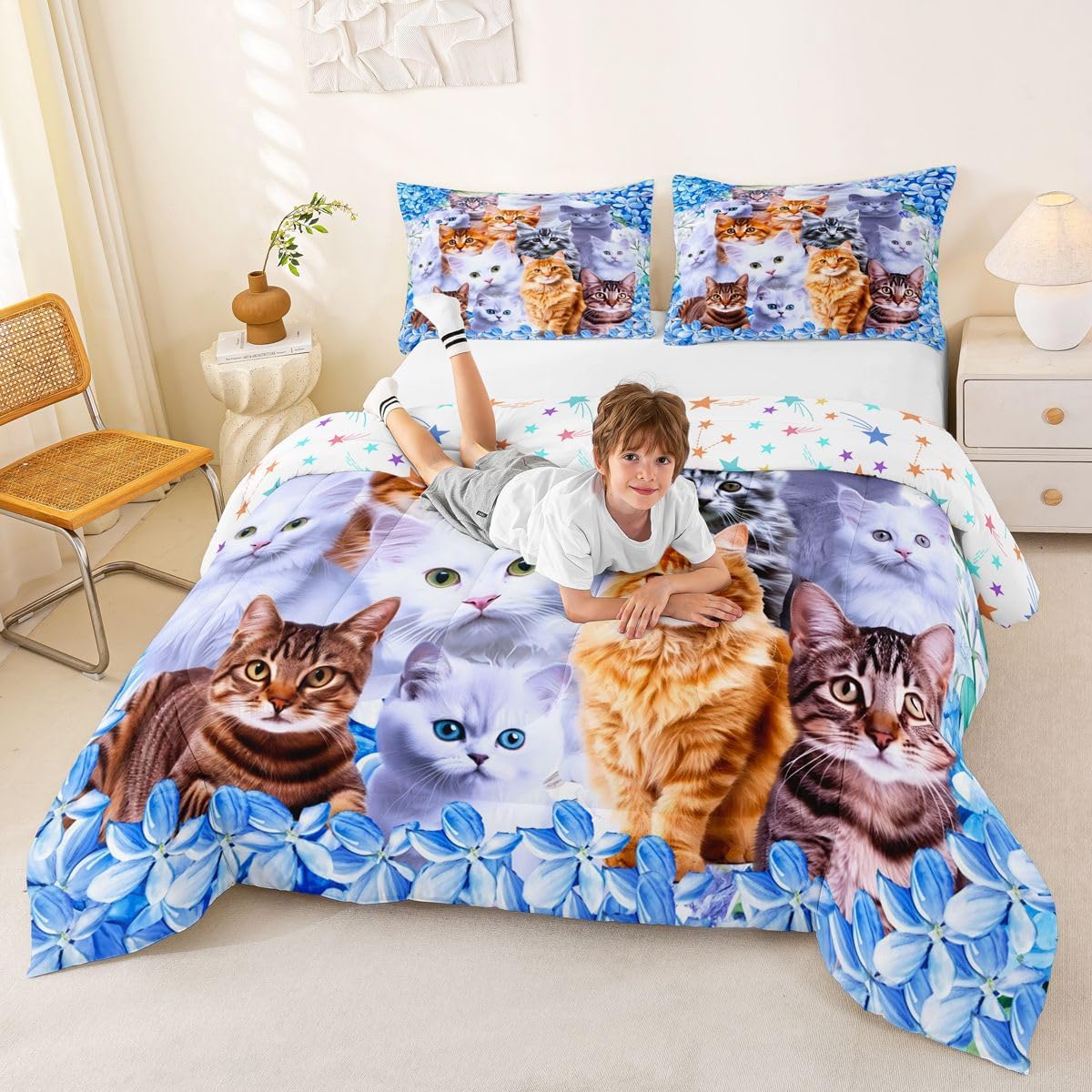 Feelyou Cat Full Size Comforter Set for Kid Boys Girls,Cartoon Kawaii Animals Toddler Bedding Set for Children Comforter Set Cat Lovers Animal Design Soft Quilt 3Pcs(1pc Comforter,2pc Pillowcase)