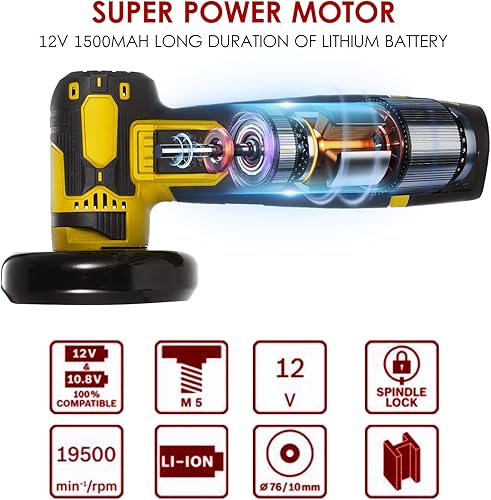 Miniatura 4 de Aumotop Kit de amoladora angular inalámbrica sin escobillas, disco de molienda de 3 pulgadas2.992 in, 19500 rpm, mini herramienta de molienda