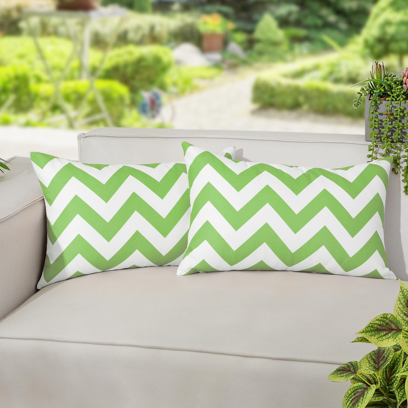 Lewondr Outdoor Throw Pillow Covers 12×20 Inch, 2 Pack Waterproof Striped Throw Pillow Cases, Decorative Outdoor Couch Pillow Covers for Cushion Patio Porch Farmhouse Garden Balcony, Green & White