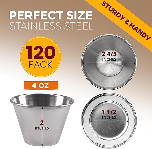 Miniatura 2 de Fit Meal Prep Paquete de 120 tazas de salsa de acero inoxidable de 4 onzas, moldes de metal reutilizables, cuencos de condimentos de grado